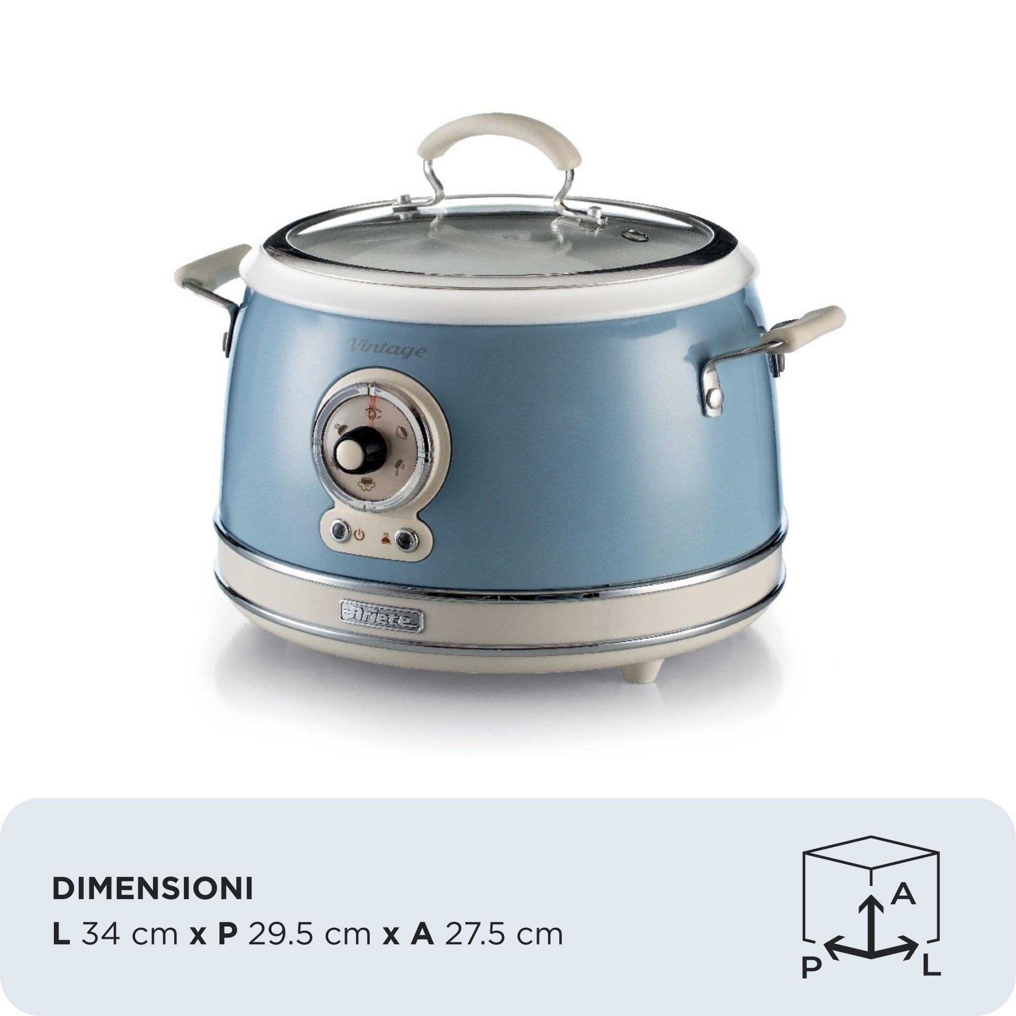 Ariete 2904 Vintage Rice Cooker, Reiskocher Slow Cooker, Dampfgarer, Vintage-Linie, 3,5 l, antihaftbeschichtete Keramikbeschichtung, 650 W, Pastellblau