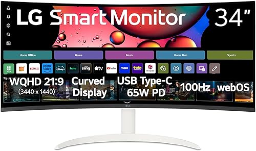 LG 34SR63QA-W Monitor curvo inteligente de 34 pulgadas con transmisión de TV, QHD 1440p, pantalla ultraancha, USB tipo C 65W PD, 1800R, webOS,