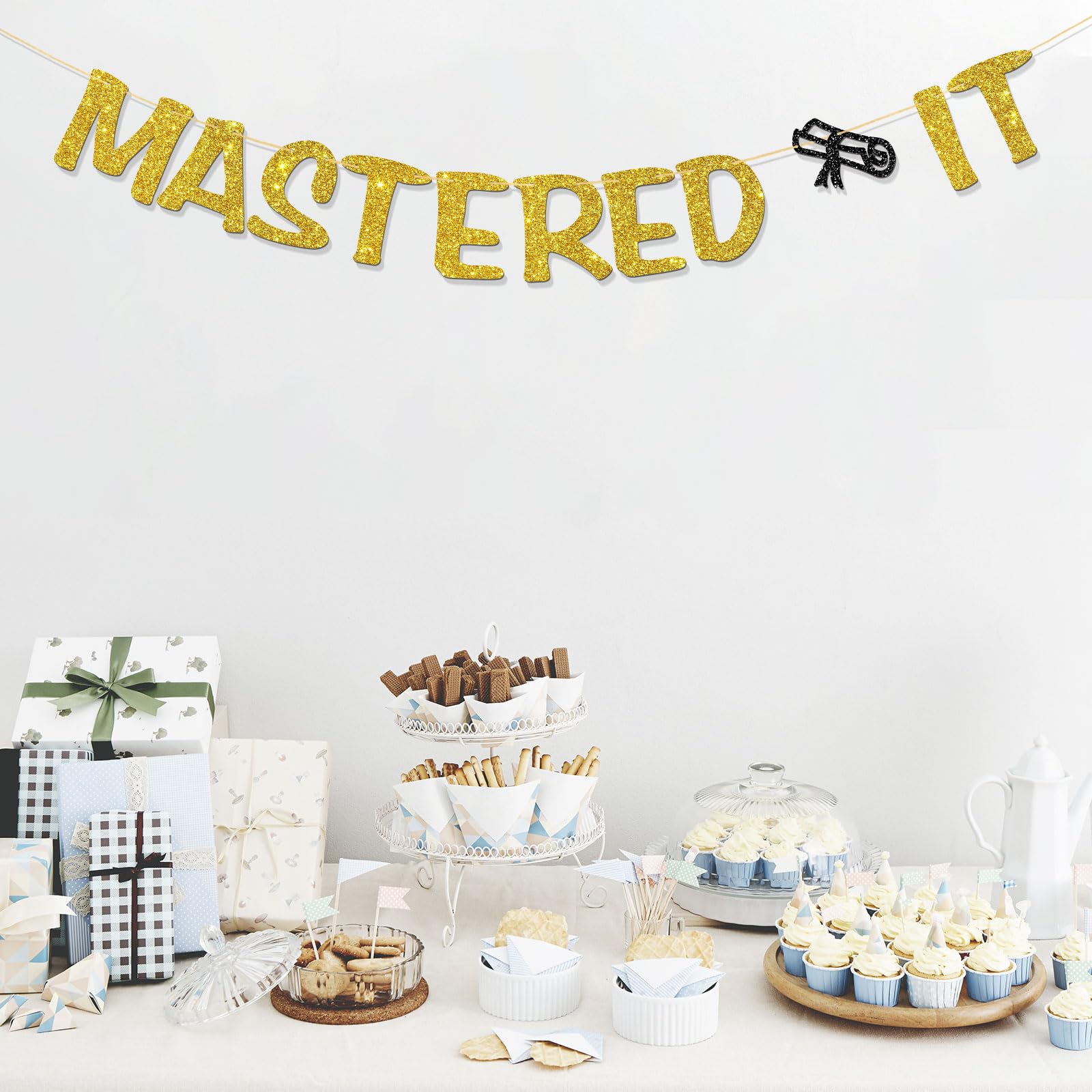 Mastered It Banner - Adventure Begins - Congrats Grad Party Supplies for Boy Girl - Master Graduation Party Decorations - Gold Glitter - Image 4