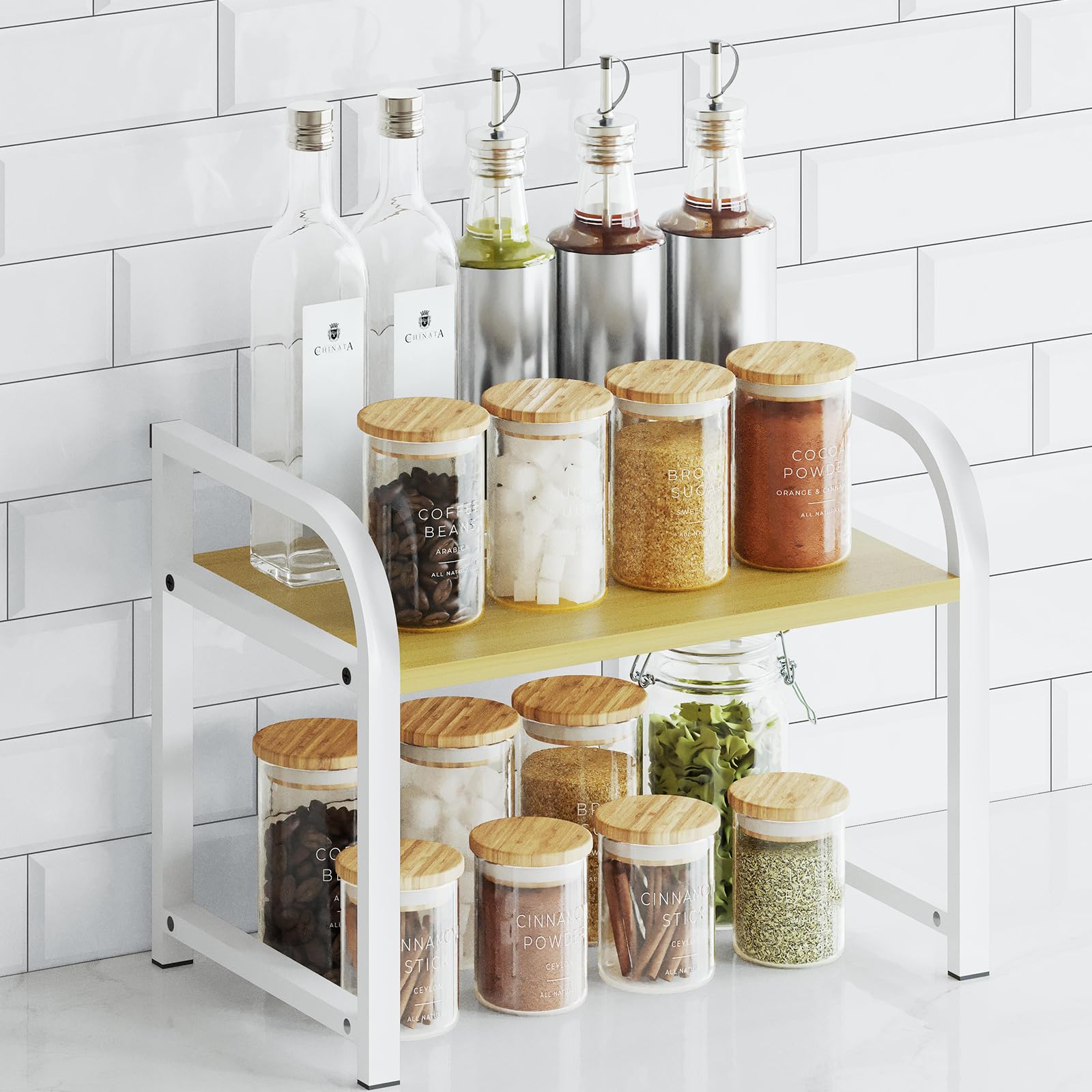 Kitchen Shelf Organiser Coffee Station - Spice Rack Storage Cupboard Organizer White Wooden - 1 Tier Shelving for Counter Top - Small Desk Worktop Organisation Unit Free Standing Coffe Bar Accessories
