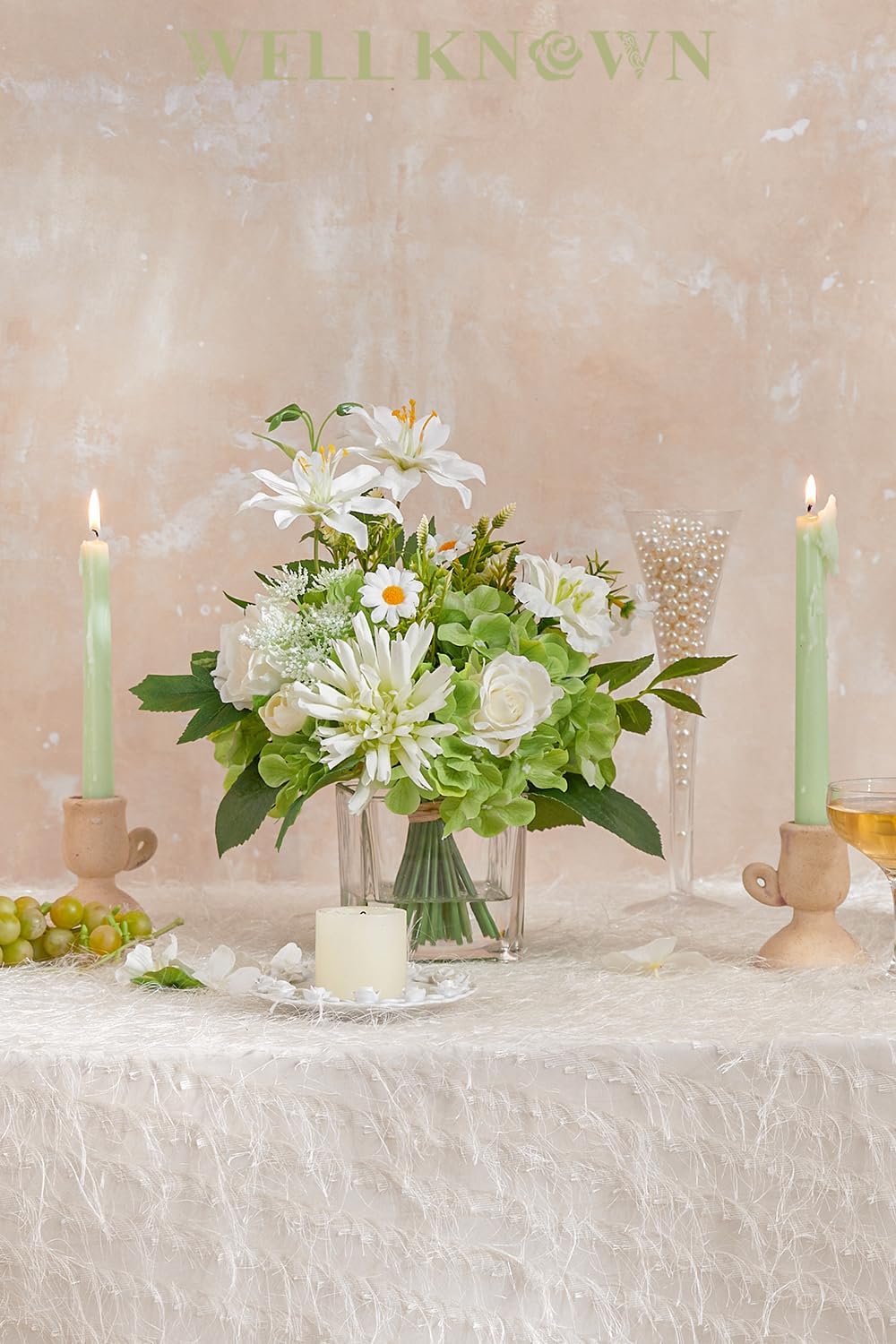 Artificial Flowers in Vase with Fake Water, 12.5" Realistic Silk Rose Peony Lily Faux Floral Arrangements with Glass Vase for Office Home Dinning Table Birthday Party Wedding Decor - White & Green