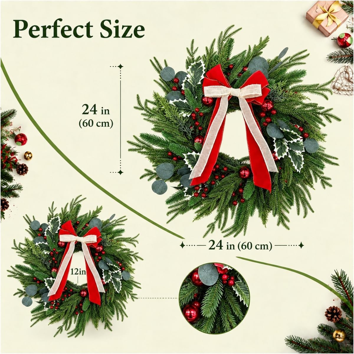 Christmas Wreath with Lights 24", Christmas Wreaths for Front Door, 50 LED