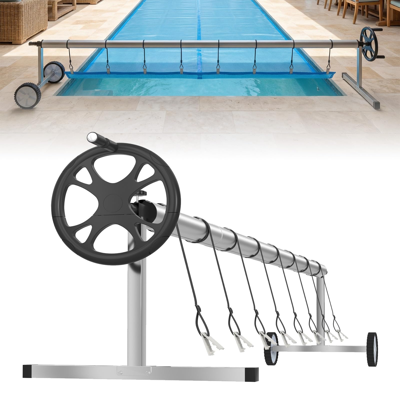LZQ Avvolgitore per piscina mobile in alluminio + sistema di avvolgimento in acciaio inox, con 8 nastri di fissaggio per telone solare e piscina | 3 m – 5,70 m regolabile