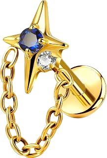OUFER G23 Titanium Threadless Flat Back Stud with Chain, Blue CZ Star Cartilage Earring, 18G Helix Tragus Conch Dangle Piercing Jewelry for Sensitive Ears