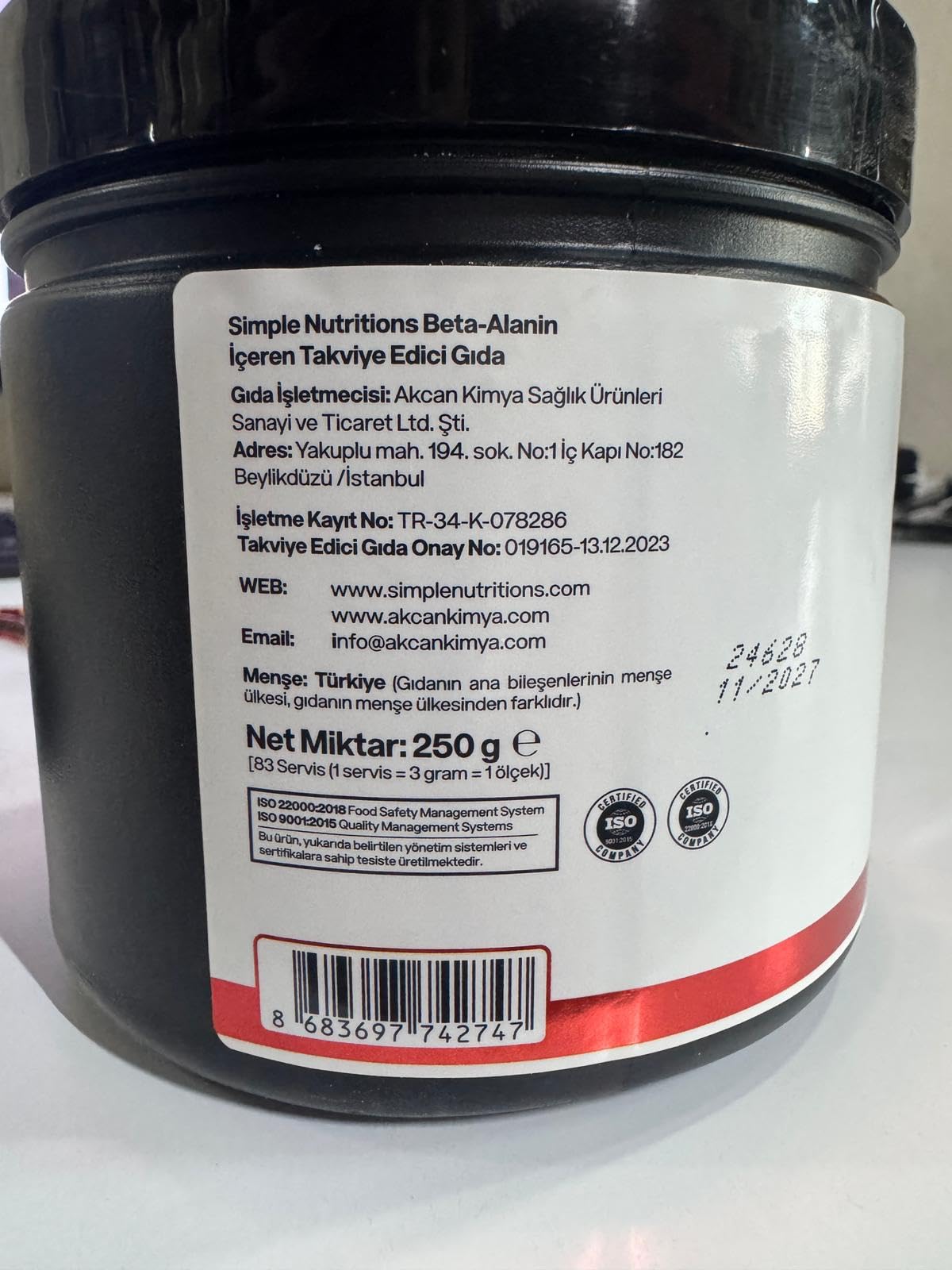 Beta Alanine (Beta Alanin) Toz, Aromasız, 250 g –%100 Saf İçerik – Takviye Edici Gıda