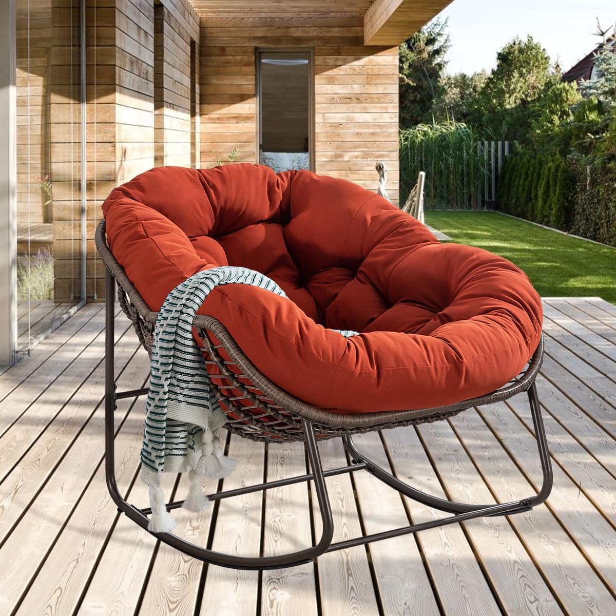 Rocking Chair with Rattan Lounge Chair Indoor & Outdoor Egg Rocking Chair for Living Room Balcony Garden Outdoor and Indoor Spun Orange