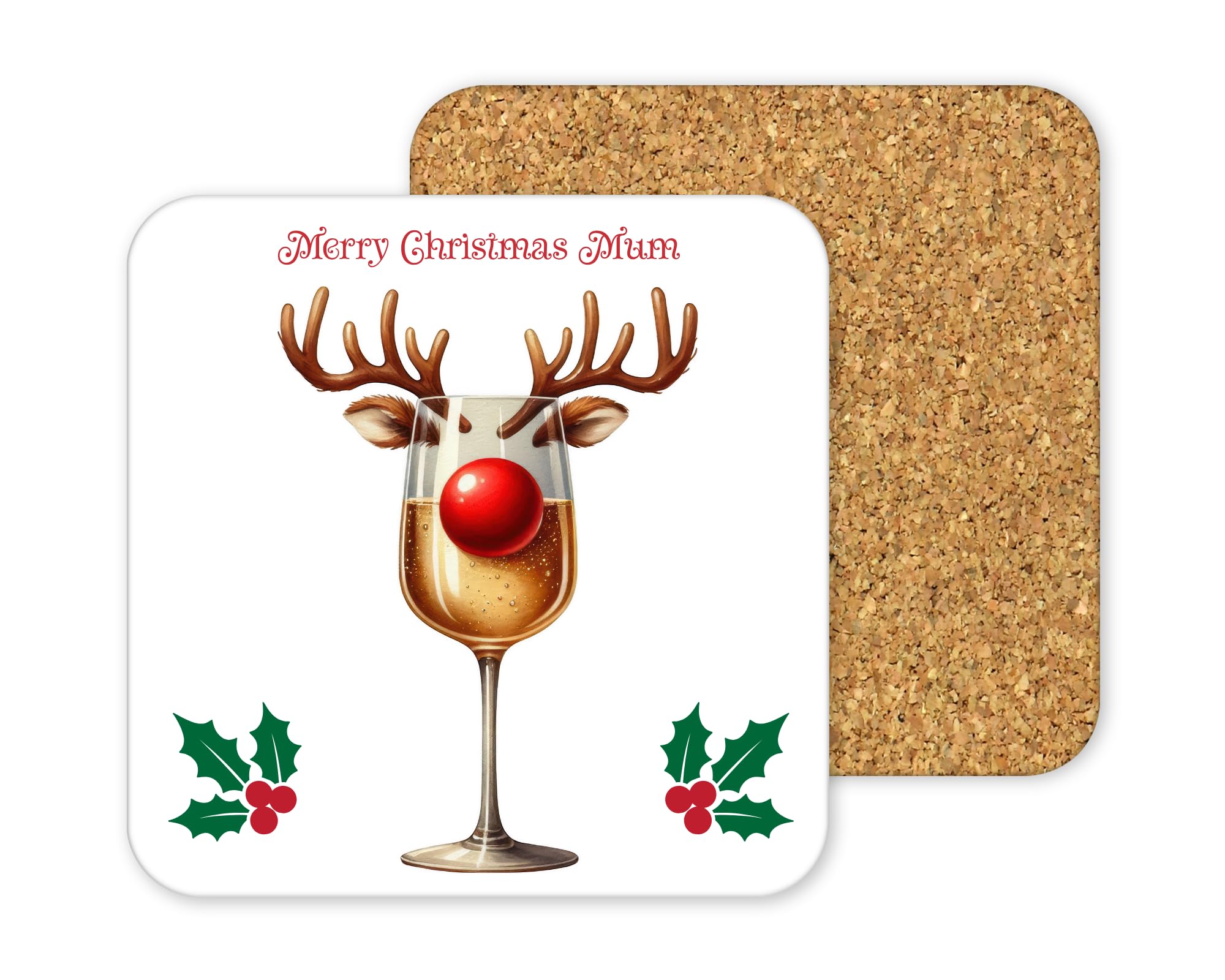 Personalised Cork-Backed Drinks Coaster, Square 9.6cm Drink Mat, Customisable Design for Christmas, Special Occasion Gifts, White Surface with Protective Base (Christmas White Wine)