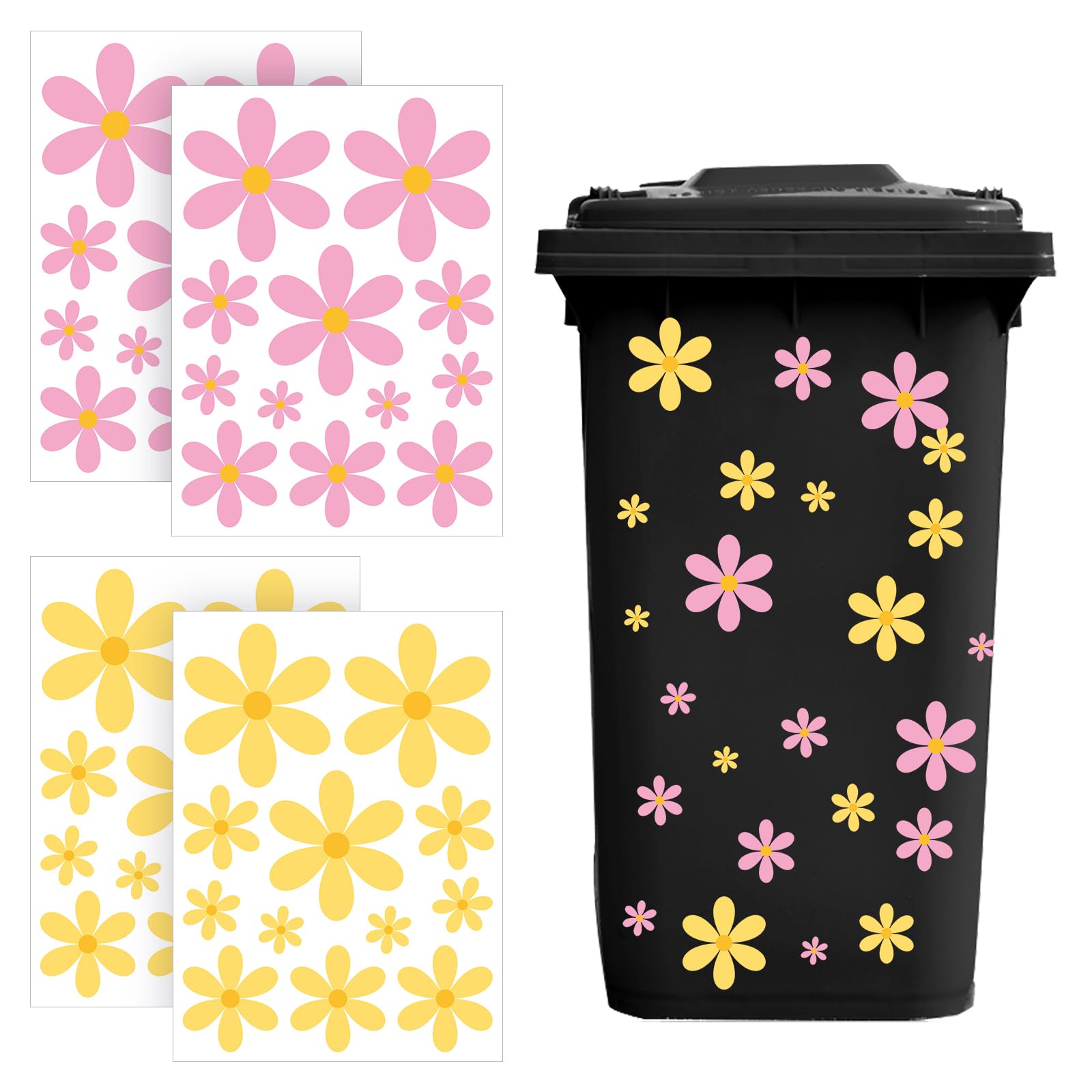 Wheelie Bin Stickers Daisy Stickers, 4 Sheets Self-Adhesive and Waterproof Flower Sticker for Car Fridge Bins Wall Outdoor Indoor Decorative Decal