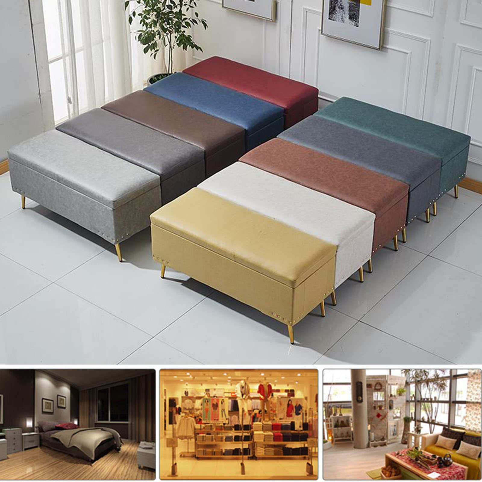 Pouf rettangolare in ecopelle blu scuro con contenitore imbottito ottomano per soggiorno, camera da letto, ingresso e corridoio, 100 x 40 x 45 cm