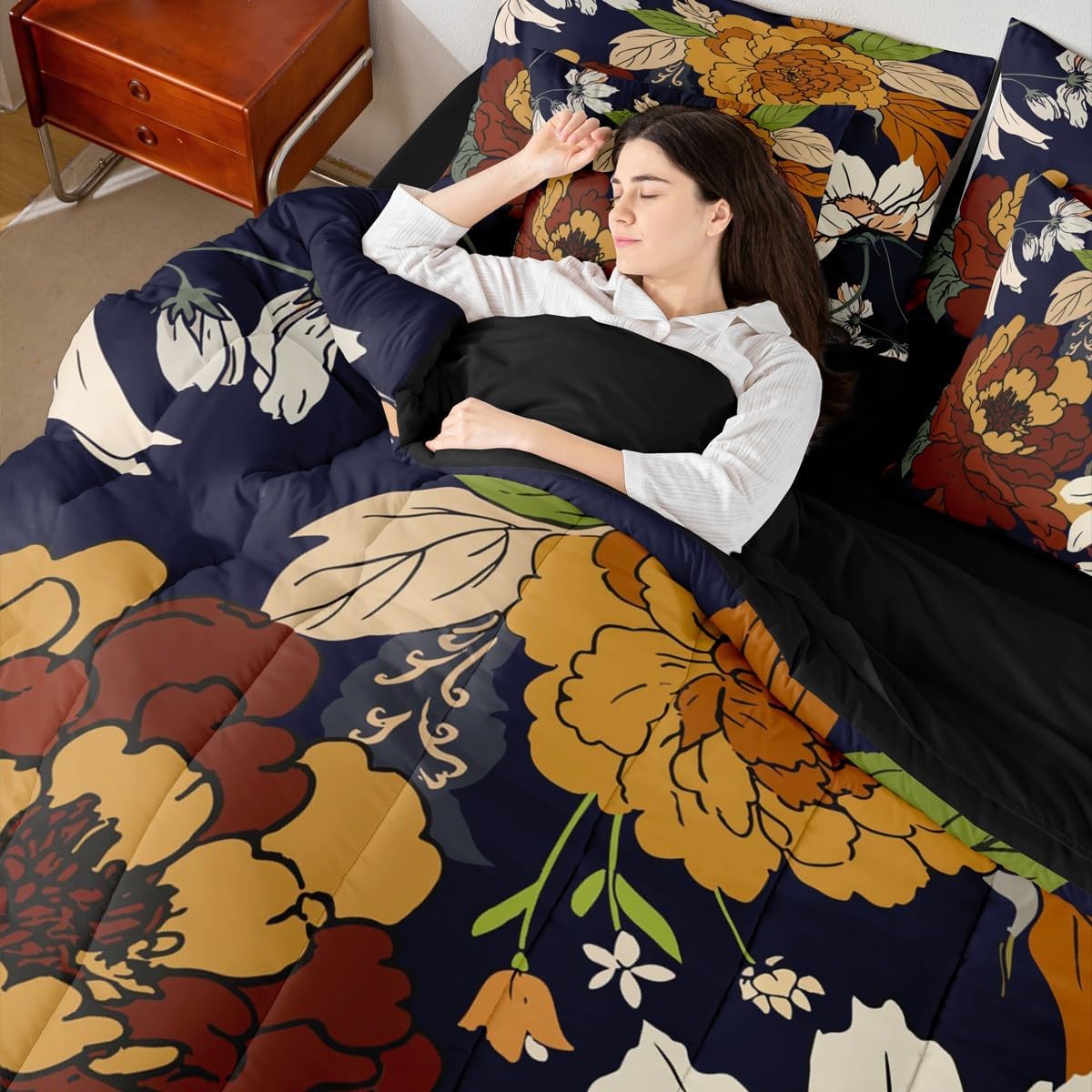 Erosebridal Vintage Flower Bed in A Bag 7 Pcs Boho Aesthetic Floral Comforter Set for Women Men Farmhouse Botanical Leaves Bedding Sets King Rustic Abstract Colorful Flower Sheet Set with Comforter