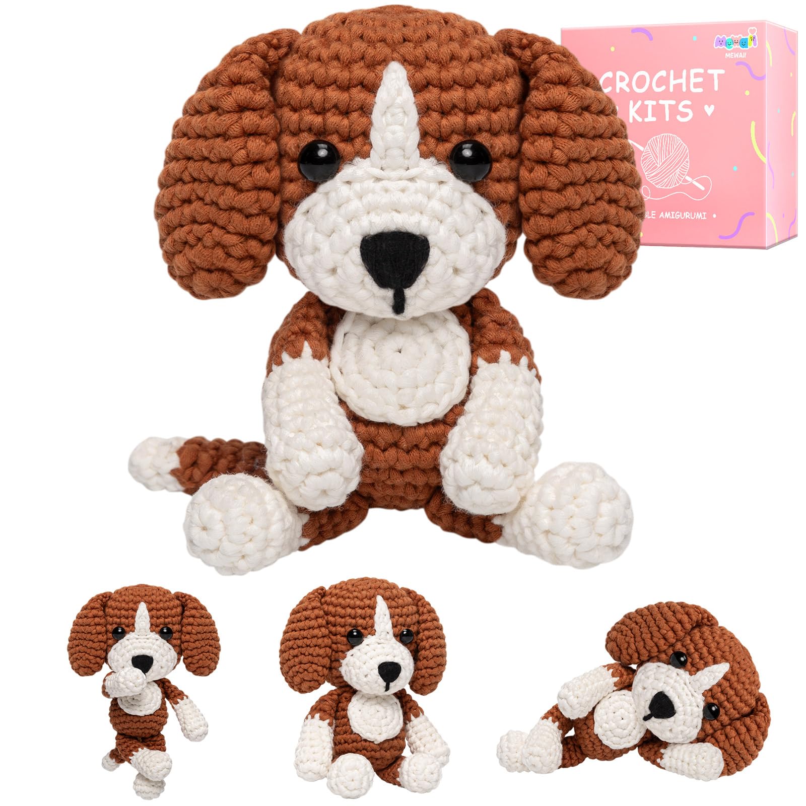 Mewaii Crochet Kit for Beginners Level 2 with 40% Extra Eco-Friendly Pre-Started Easy Yarn, Step-by-Step Video Tutorials for Adults and Kids (Sitting Puppy)