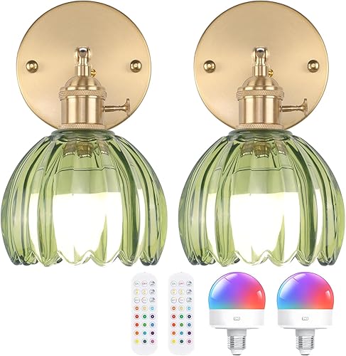 Aplique de pared vintage con pantalla de cristal de tulipán verde, inalámbrico, recargable, con control remoto, para mesita de noche, dormitorio,