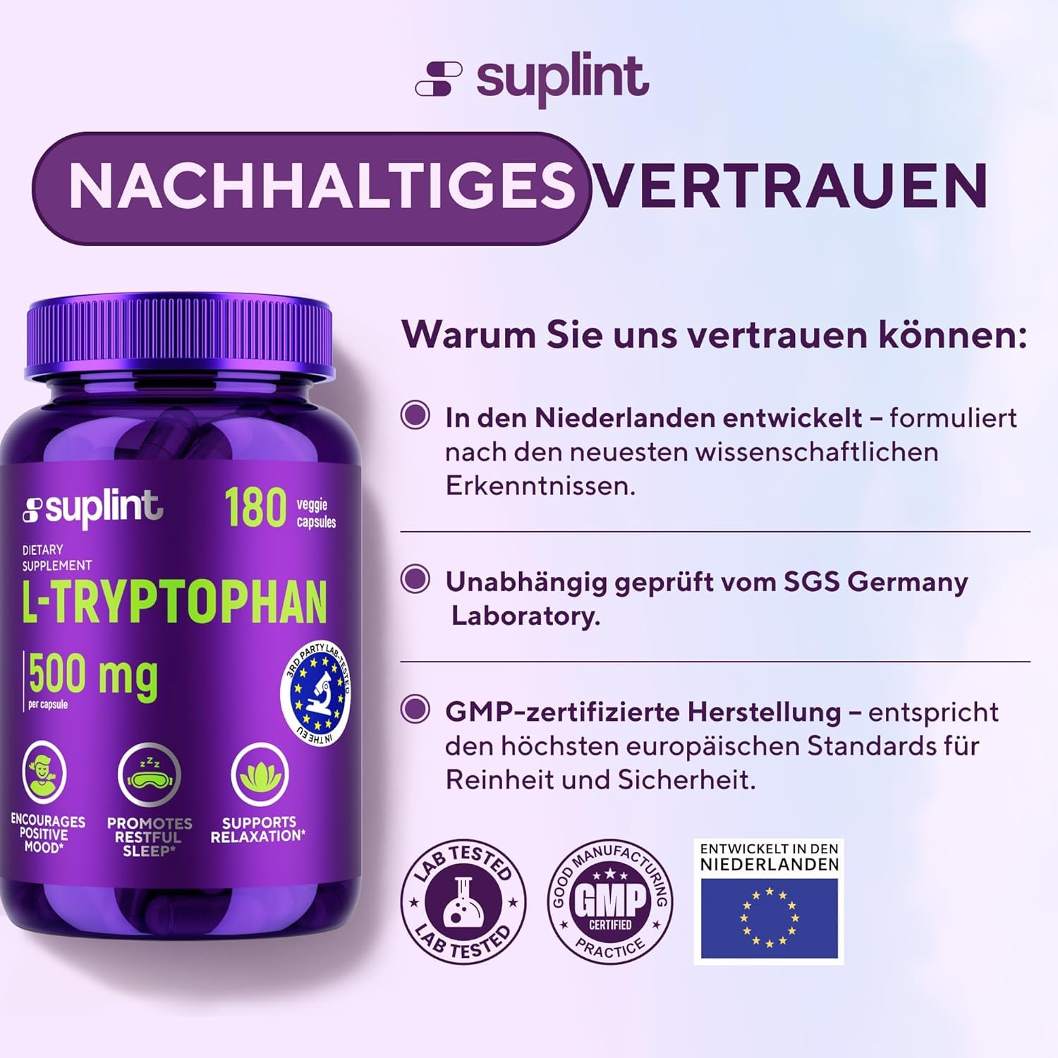 L-Tryptophan 500 mg Kapseln Hochdosiert – 180 vegane Kapseln – 3 Pack | Essenzielle Aminosäure – 1 Kapsel täglich, Vorrat für 180 Tage – GMP-zertifiziert & in Deutschland laborgeprüft
