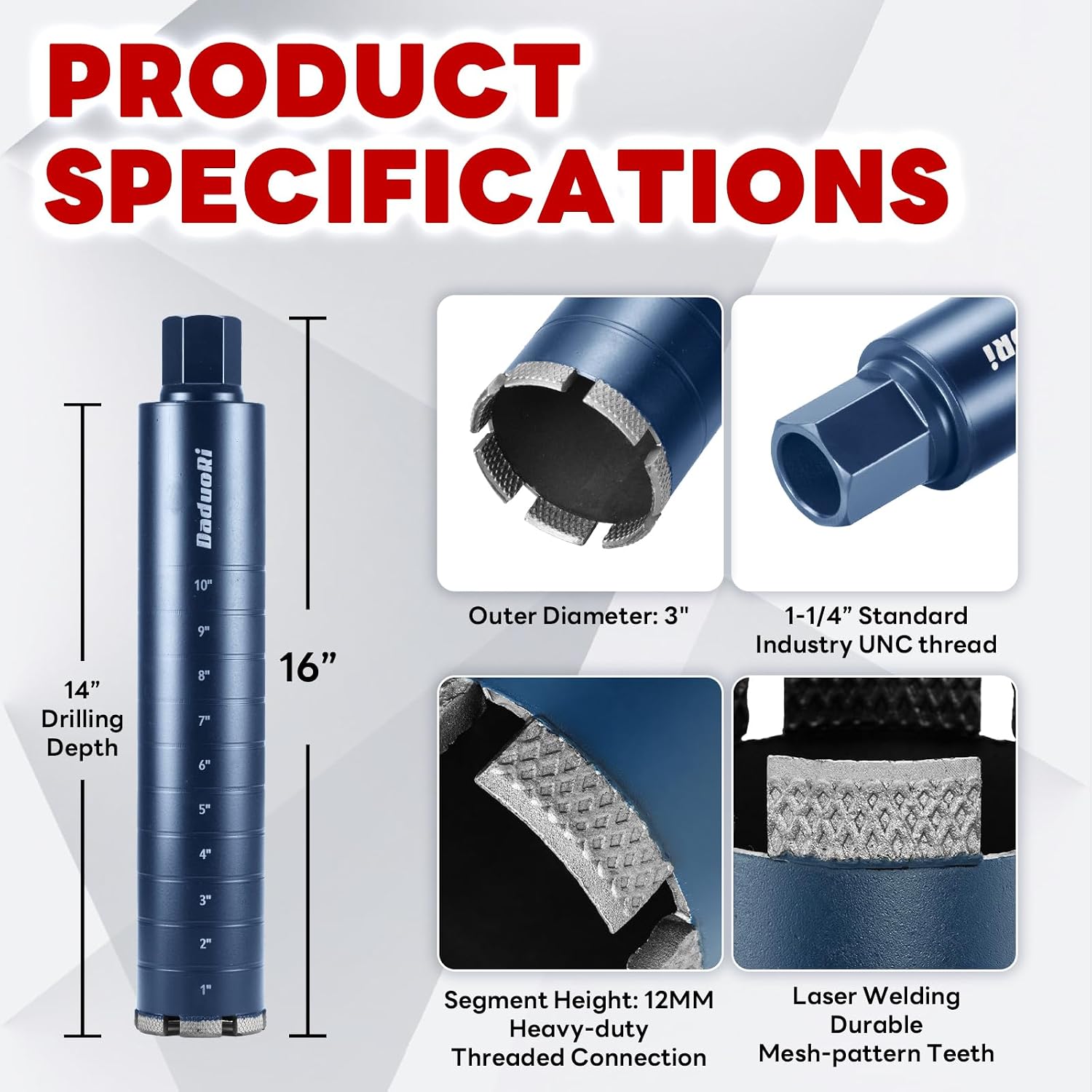 3" Core Drill Bit with Etched Depth Scale – Industrial for Reinforced Concrete, Brick Block, Masonry,1-1/4"-7 UNC,14" Drilling Depth, Precision-Welded & Aggressive Sharp 12mm Segments, Wet