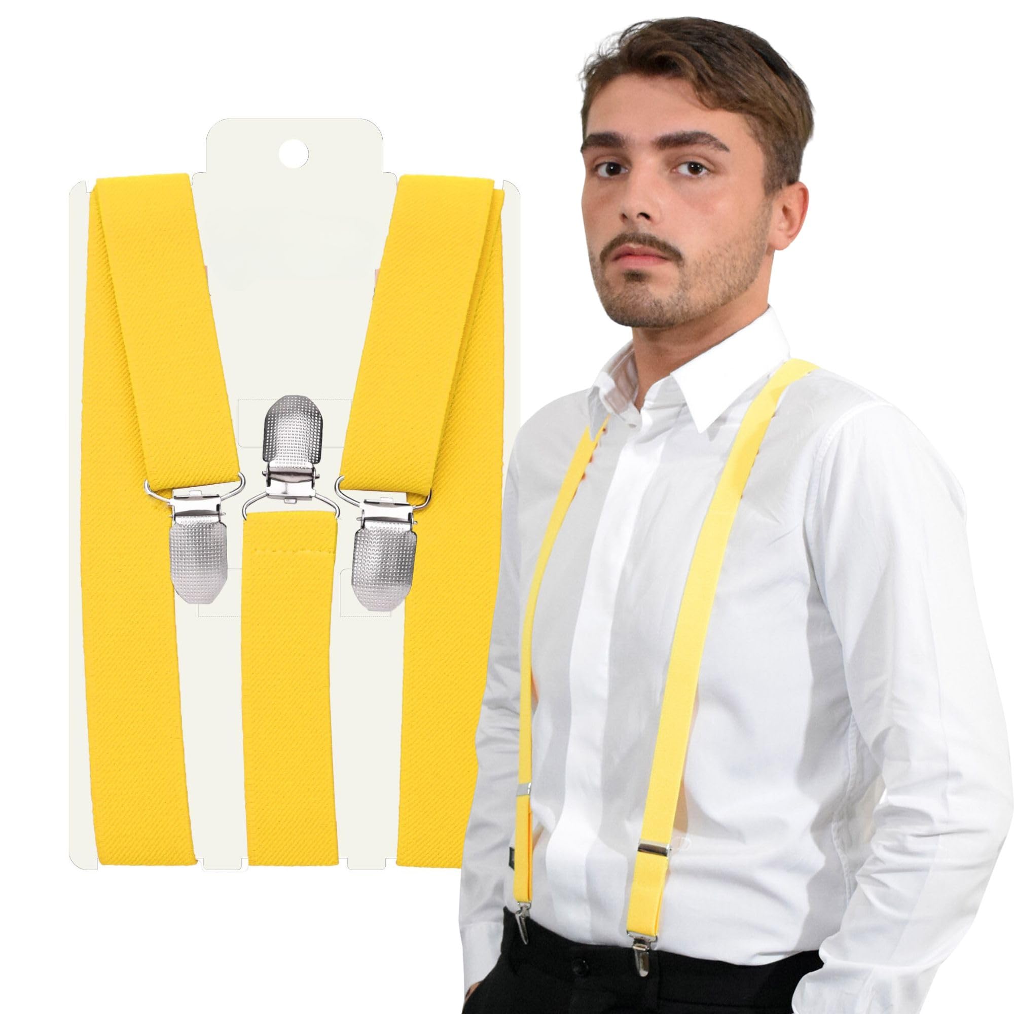 Basic Sense Men's Yellow 25Mm Plain Braces Heavy Duty Engraved Clips,