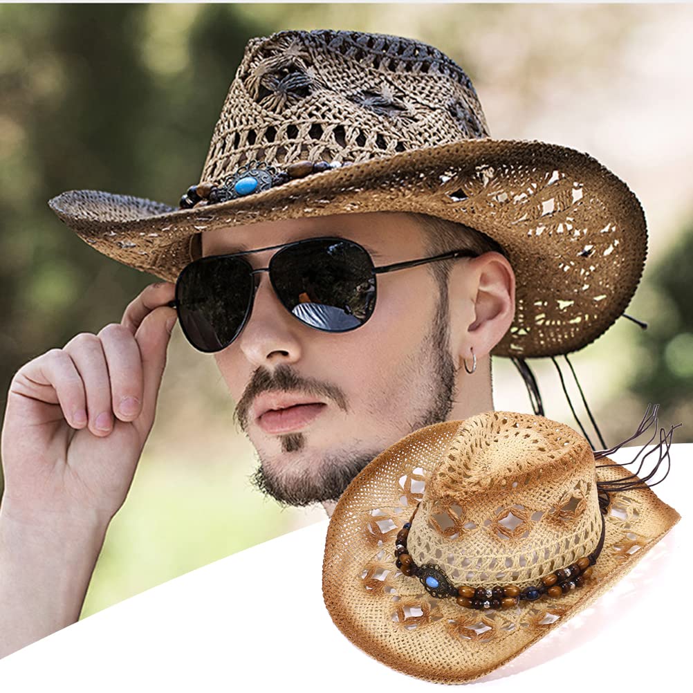 Cappello da Cowgirl da Cowboy in Paglia per Uomo Donna, Cappello da Sole Traspirante a Tesa Larga per Viaggi in Spiaggia All'aperto (Beige)