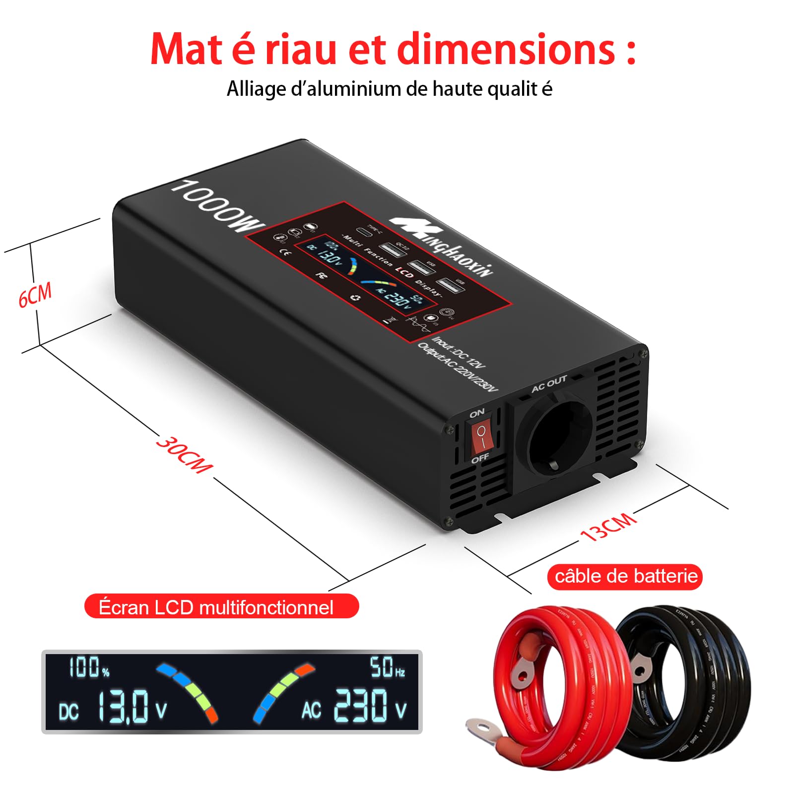 Convertisseur 12V 220V Pur Sinus 1000W/2000W Inverter Convertisseur De Tension avec EU De Courant Alternatif Et 3 Port USB-A Et USB-C De Voiture De Tension Onduleurr pour RV Voiture De Camion