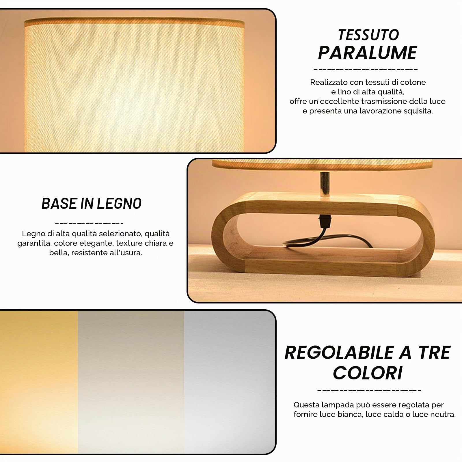 Lampada da comodino in legno, lampada da tavolo con attacco E27, lampada in legno con paralume in lino, stile country, illuminazione vintage per camera da letto e soggiorno, beige | Moderna lampada da