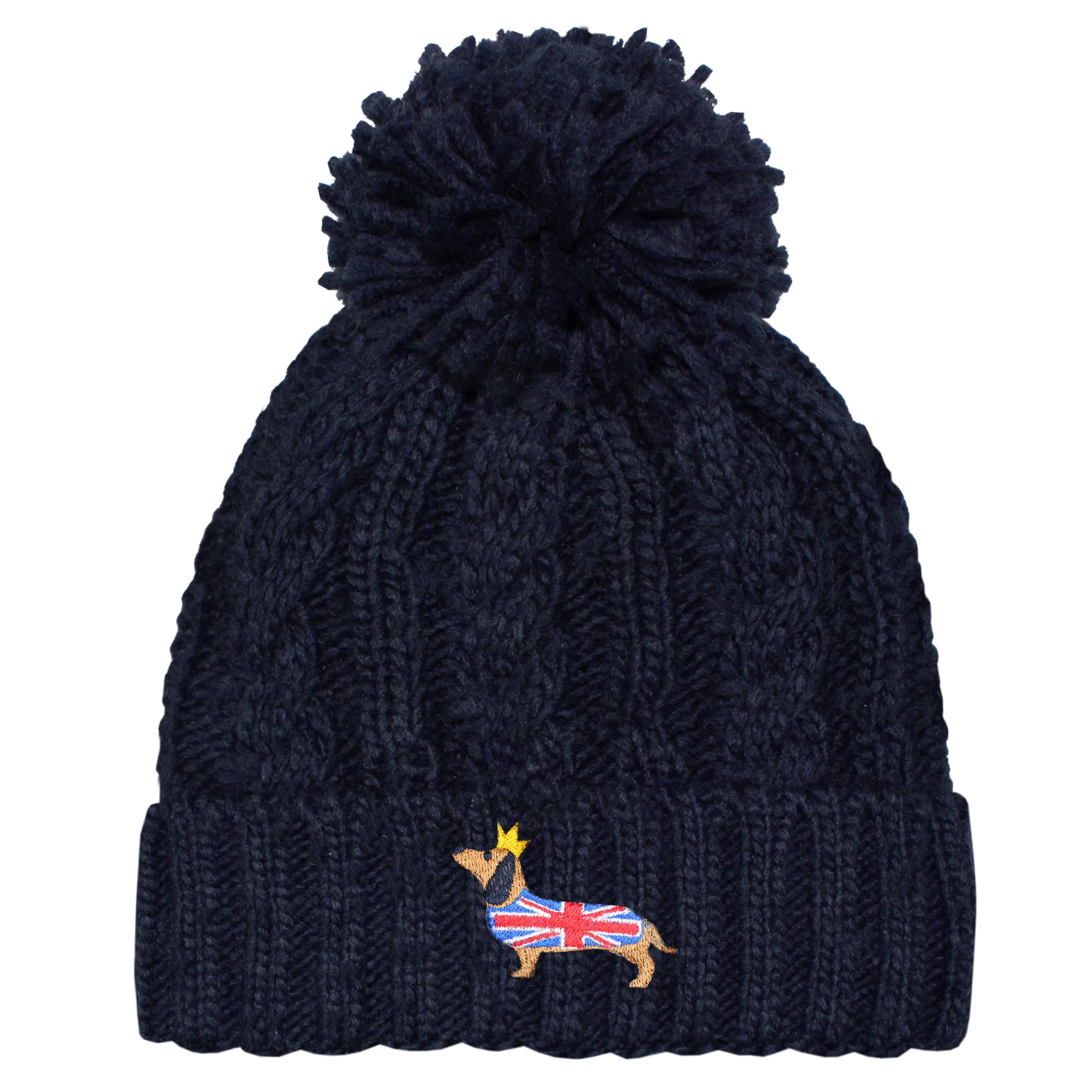 TeddyT's Coronation Union Jack Sausage Dog Cable Knit Bobble Hat (Navy)
