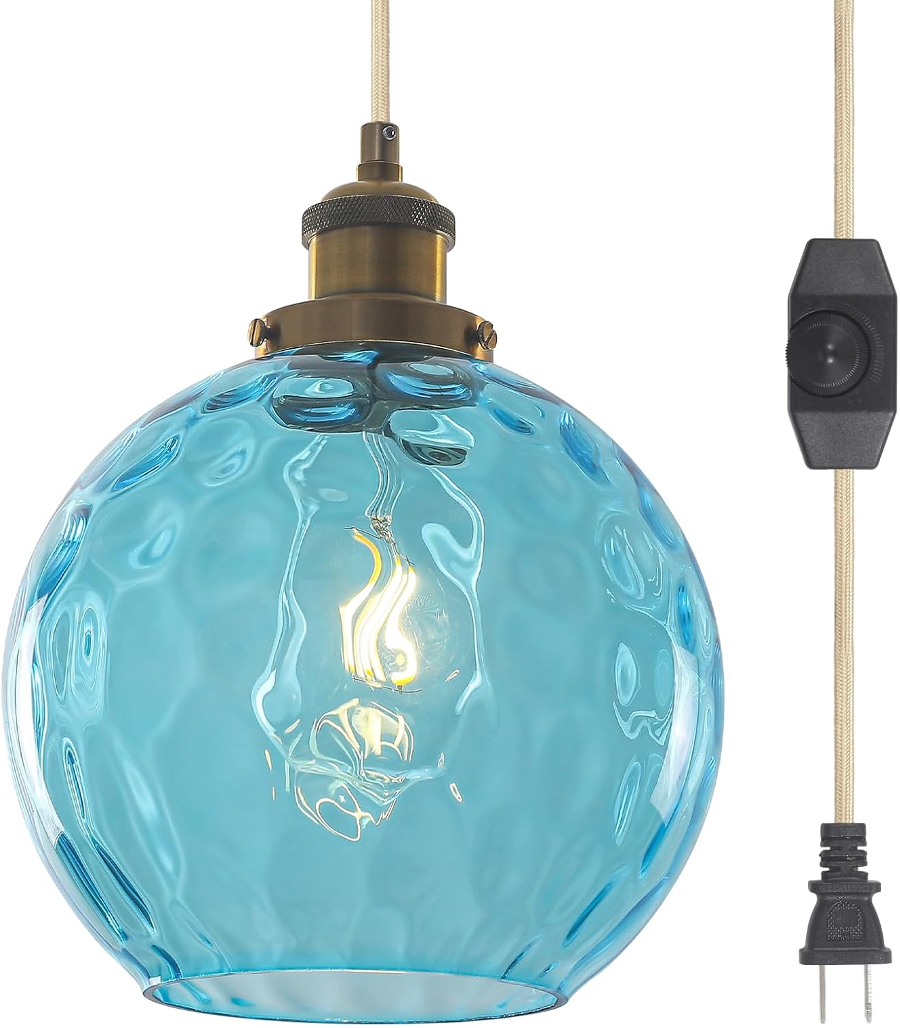 ETONIMERR Plug in Pendant Light, Blue Glass Chandelier Hanging Light Fixture for Dining Room, Outdoor Pendant Light with Plug in Cord and Dimmable Switch for Porch Gazebo Kitchen Island Livingroom