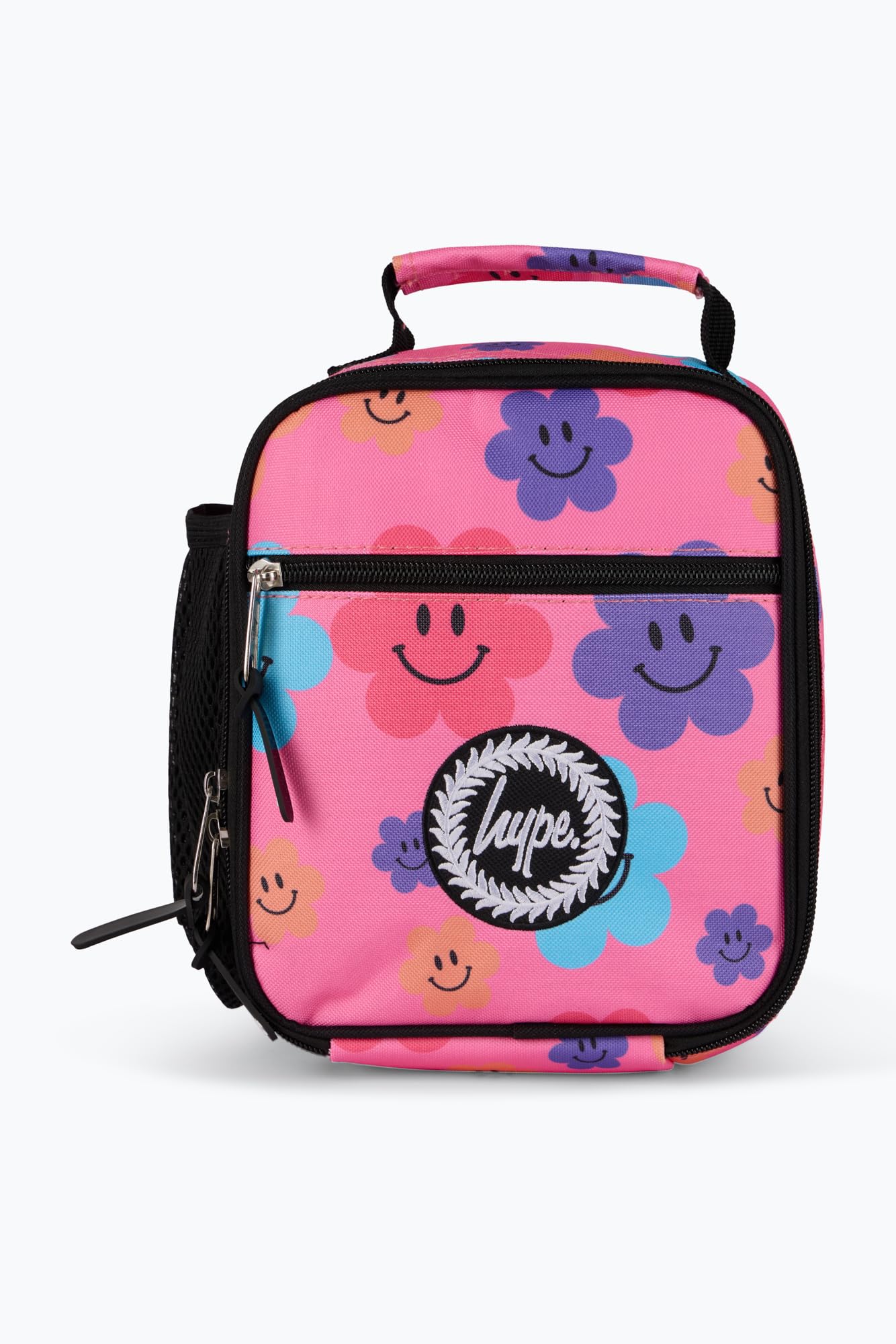 hype Unisex Lunch Bag, Pink with Happy Flowers in Pink, Blue & Purple, School Bag for Kids, Stylish Lunch Bag with Bottle Holder, 3 Storage Compartments, Inside Thermal Lining & Grab Handle