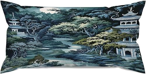 Rebbygena Chinoiserie - Fundas de almohada de porcelana azul y blanca con patrón de edificios de estilo chino de 12 x 24 pulgadas, fundas de cojín