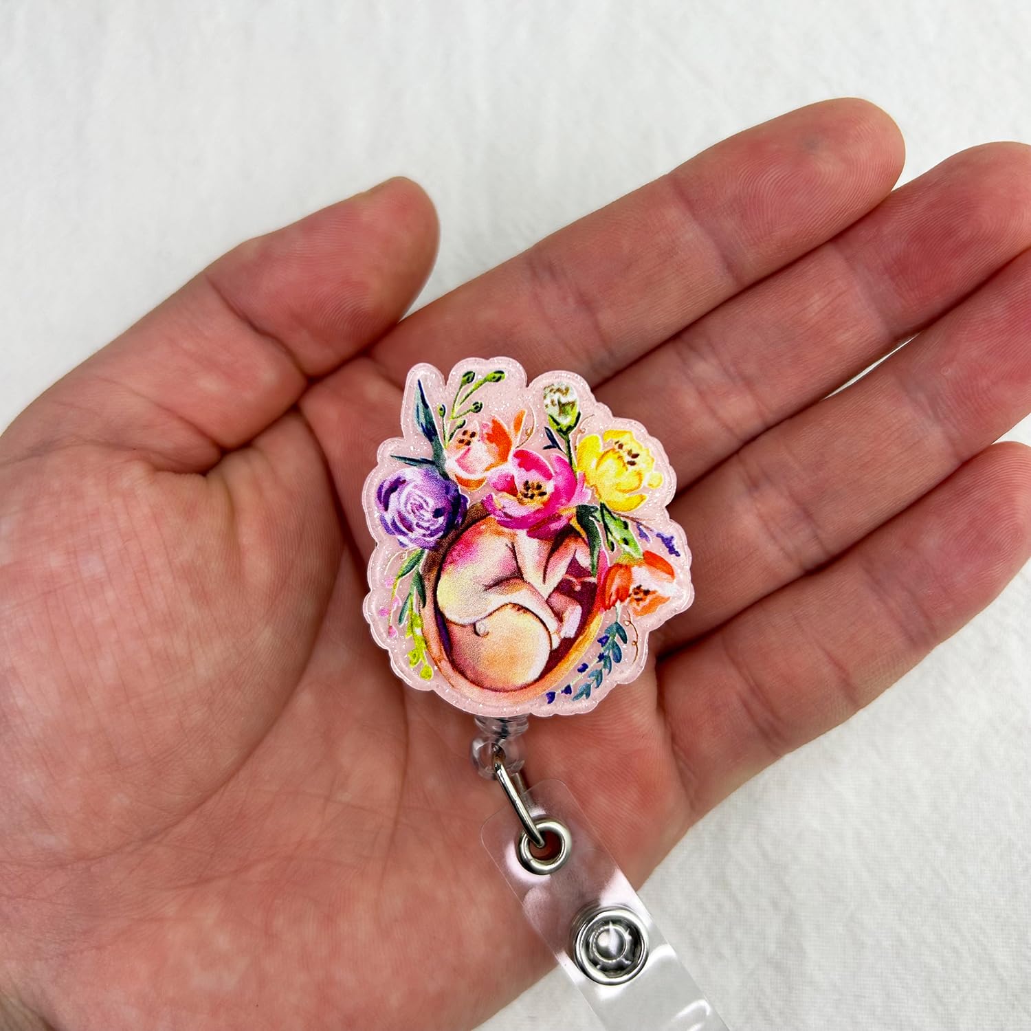Floral Fetus L&D Badge Reel Retractable for Labor and Delivery Nurse & Midwife, NICU Badge Reel, Maternity Badge Clip, Cute OB/GYN Badge Holder with Alligator Clip & 24” Durable Nylon Cord | Acrylic