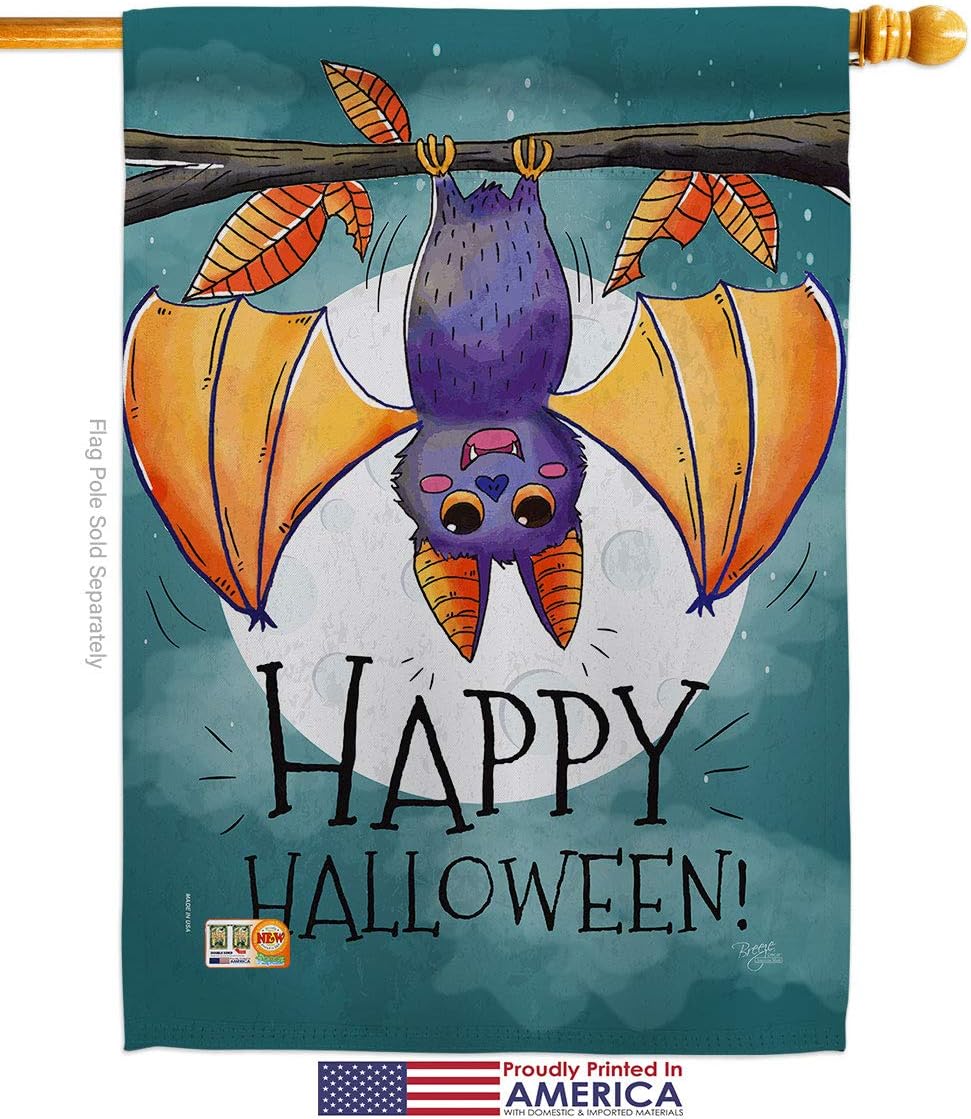 Happy Halloween Bat House Flag Falltime Witch Trick or Treat Spooky Night Black Cat Season Autumntime Pumpkin Small Decorative Gift Yard Banner Made In USA 28 X 40