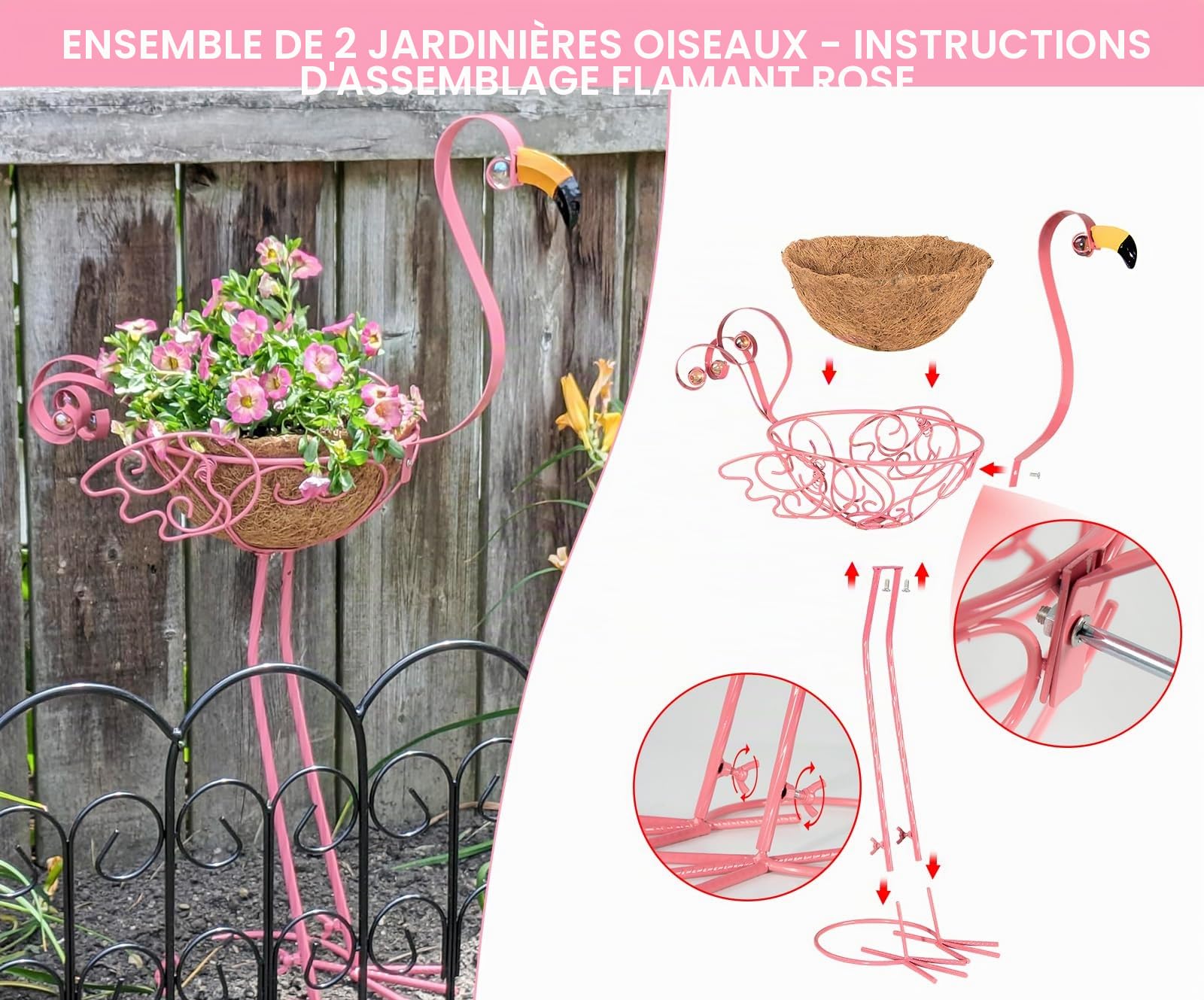 Pots à fleurs en métal en forme de flamant rose, lot de 2 pots de plantes avec panier pour jardinage intérieur/extérieur, décoration de jardin, cour, terrasse, véranda