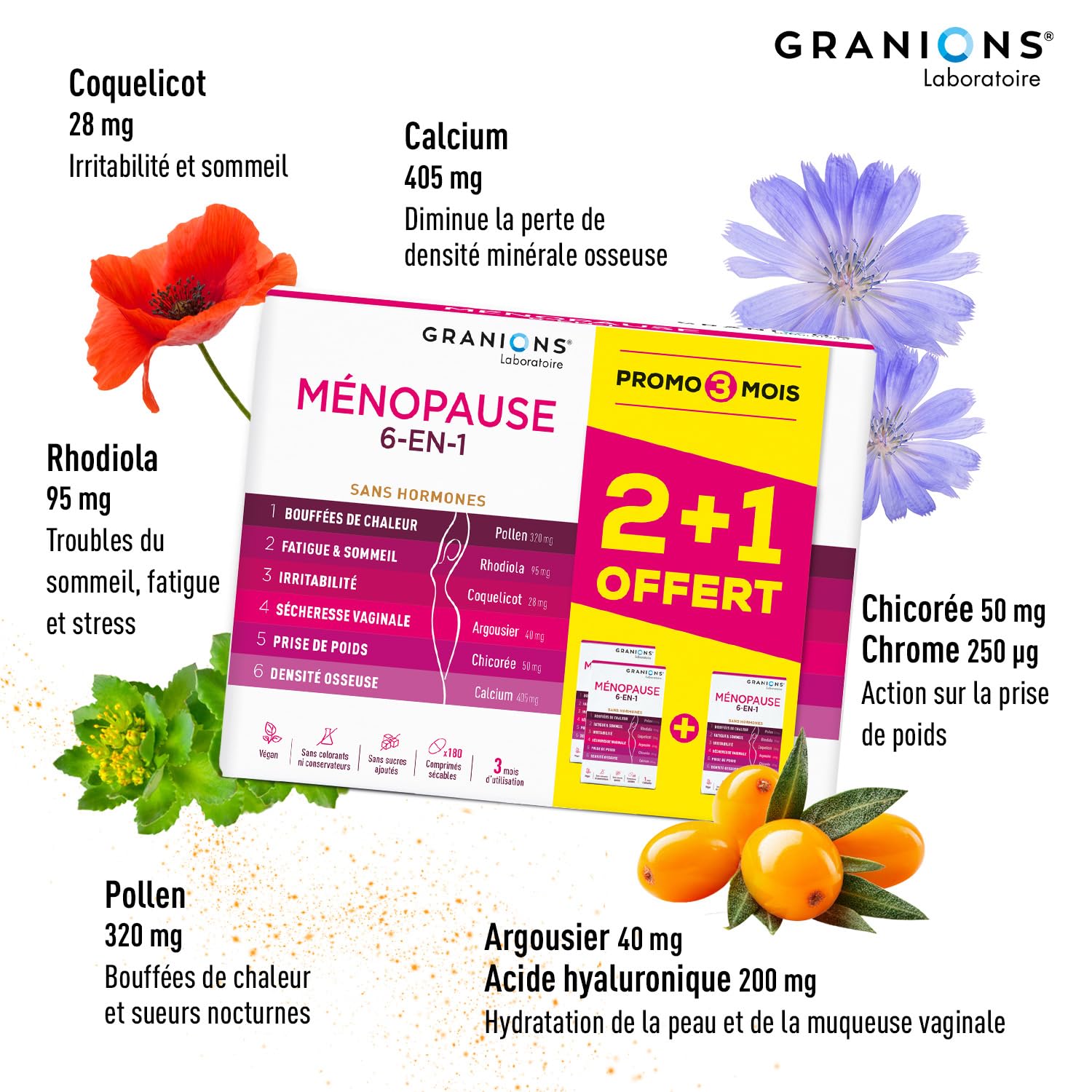 GRANIONS - MENOPAUSE 6-EN-1-3 MOIS | Menopause Bouffee de Chaleur et Poids - Ménopause Perte de Poids - Bouffees de Chaleur, Fatigue, Irritabilité, Perte de Poids, Densité Osseuse - 180 Comprimés