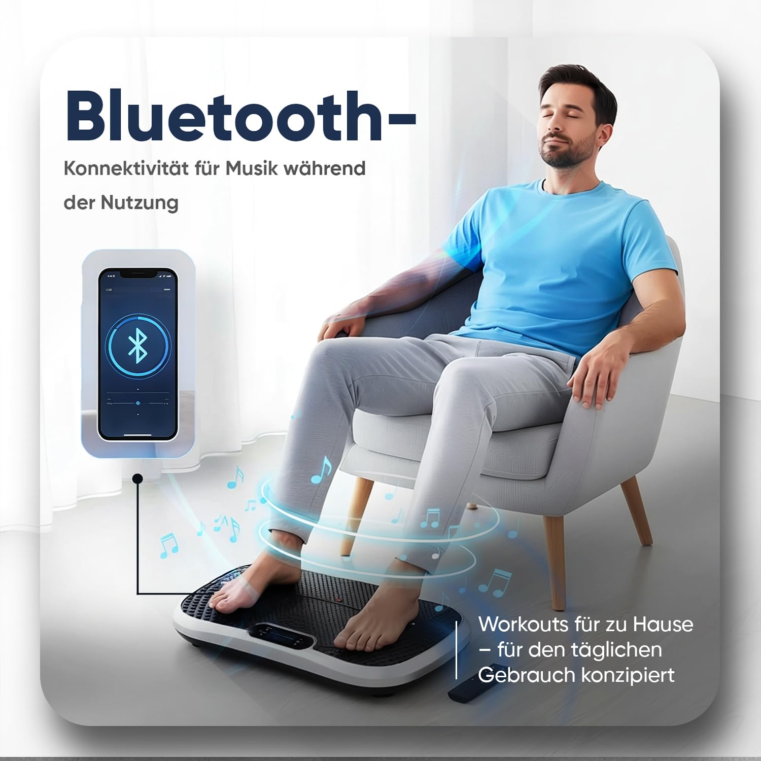 Vibrationsplatte - Fitnessgeräte für Zuhause - 99 Intensitätsstufen - 5 Trainingsprogramme - Massagegerät & Sportgerät mit Bluetooth für Home Workout - Mit Widerstandsbändern - WeightWorld