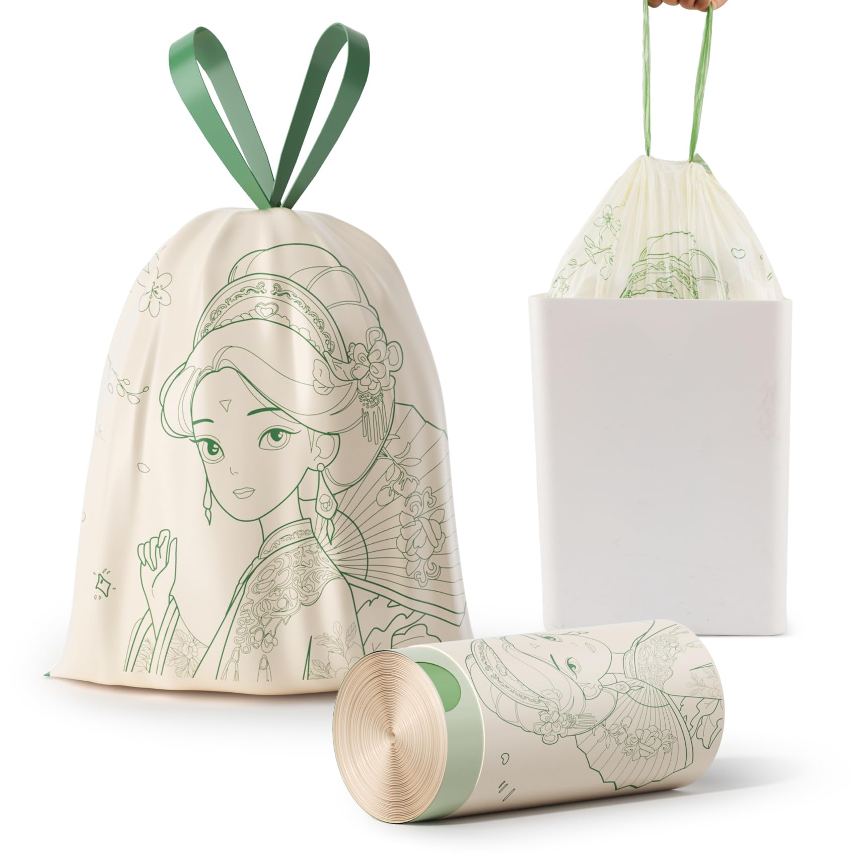 4 Gallon Trash Bags Drawstring, Colorful & Portable Small Trash Bags with Chinese-style Flower Girl Printed, Tear-Resistant Garbage Bags 4 Gallon for