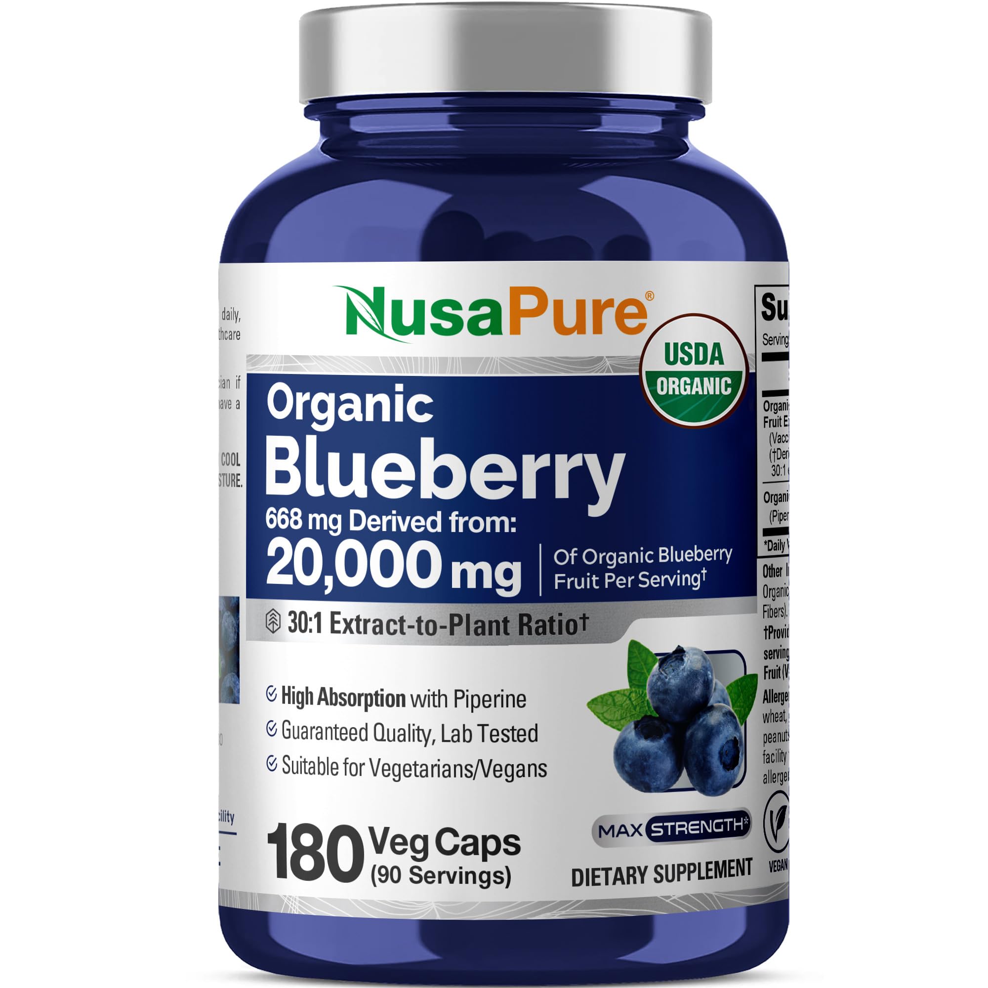Blueberry Concentrate 20,000mg - 180 Veggie Powder caps (Extract 30:1, 100% Vegetarian, Non-GMO)