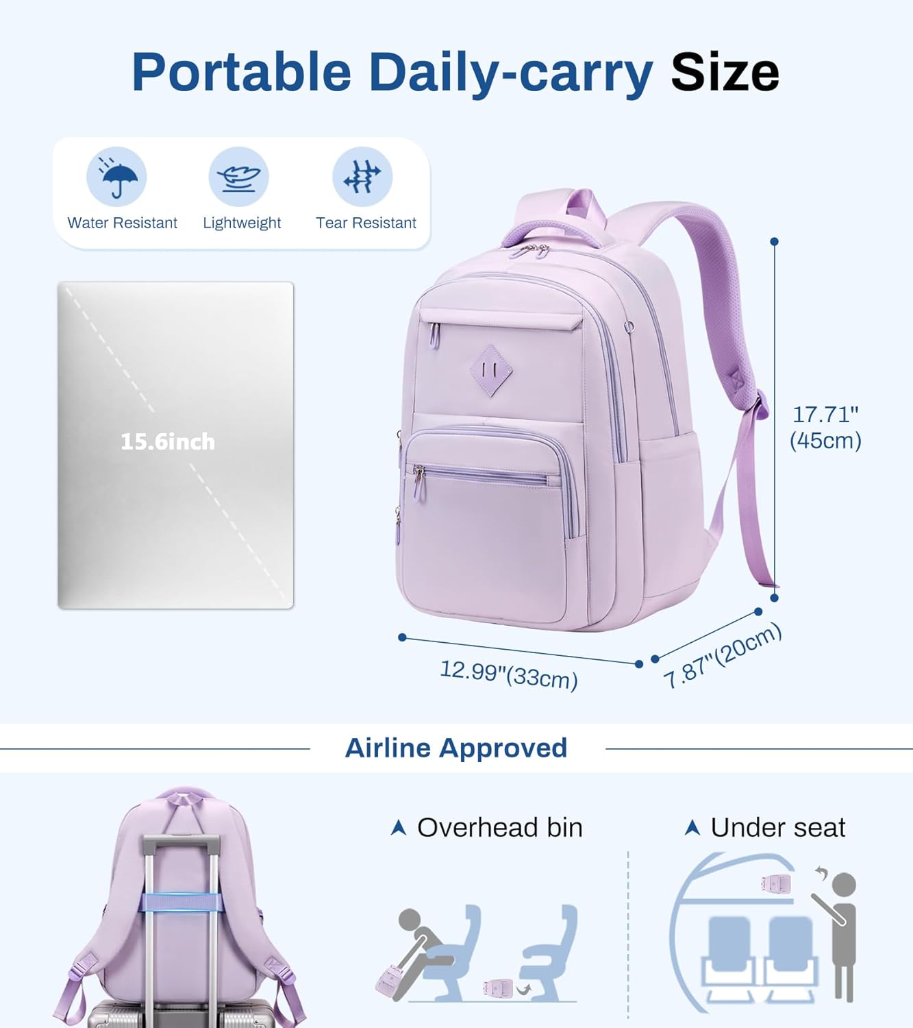 School Backpack for Girls, Lightweight Kids Bookbag Classic College Backpack for Teen Women with Luggage Strap, Age 8-18 Years Old, Purple - Image 2