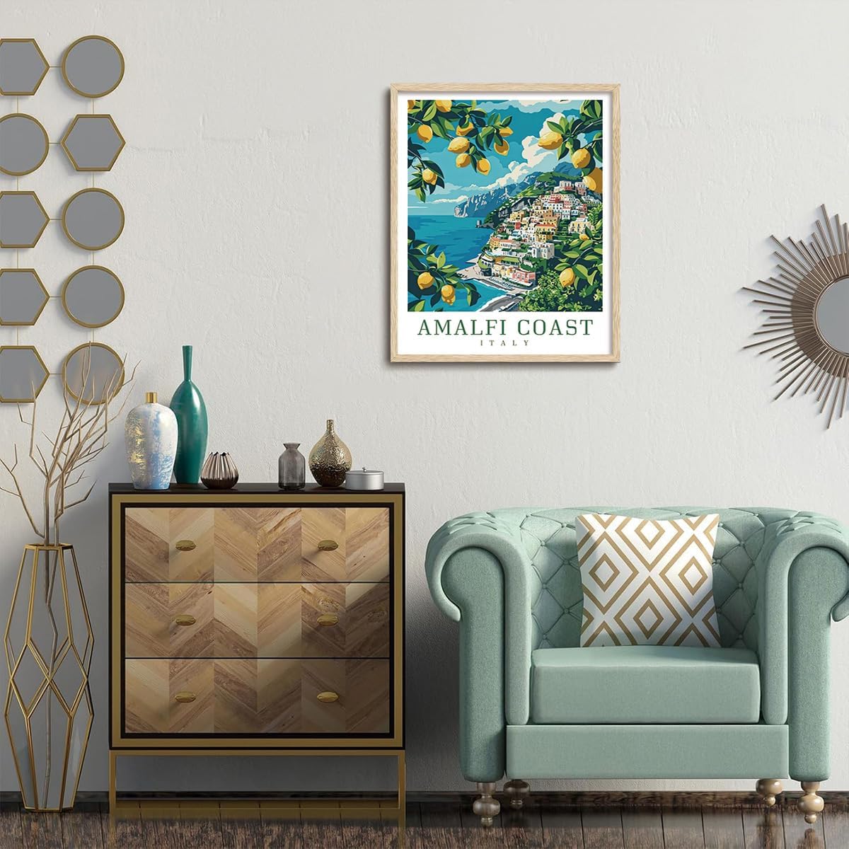 KISSFOX OAK Wood Framed Wall Art Amalfi Coast Wall Decor Italy Canvas Art Coastal Pictures City Paintings Travel Posters Aesthetic Artwork For Bedroom Office Living room