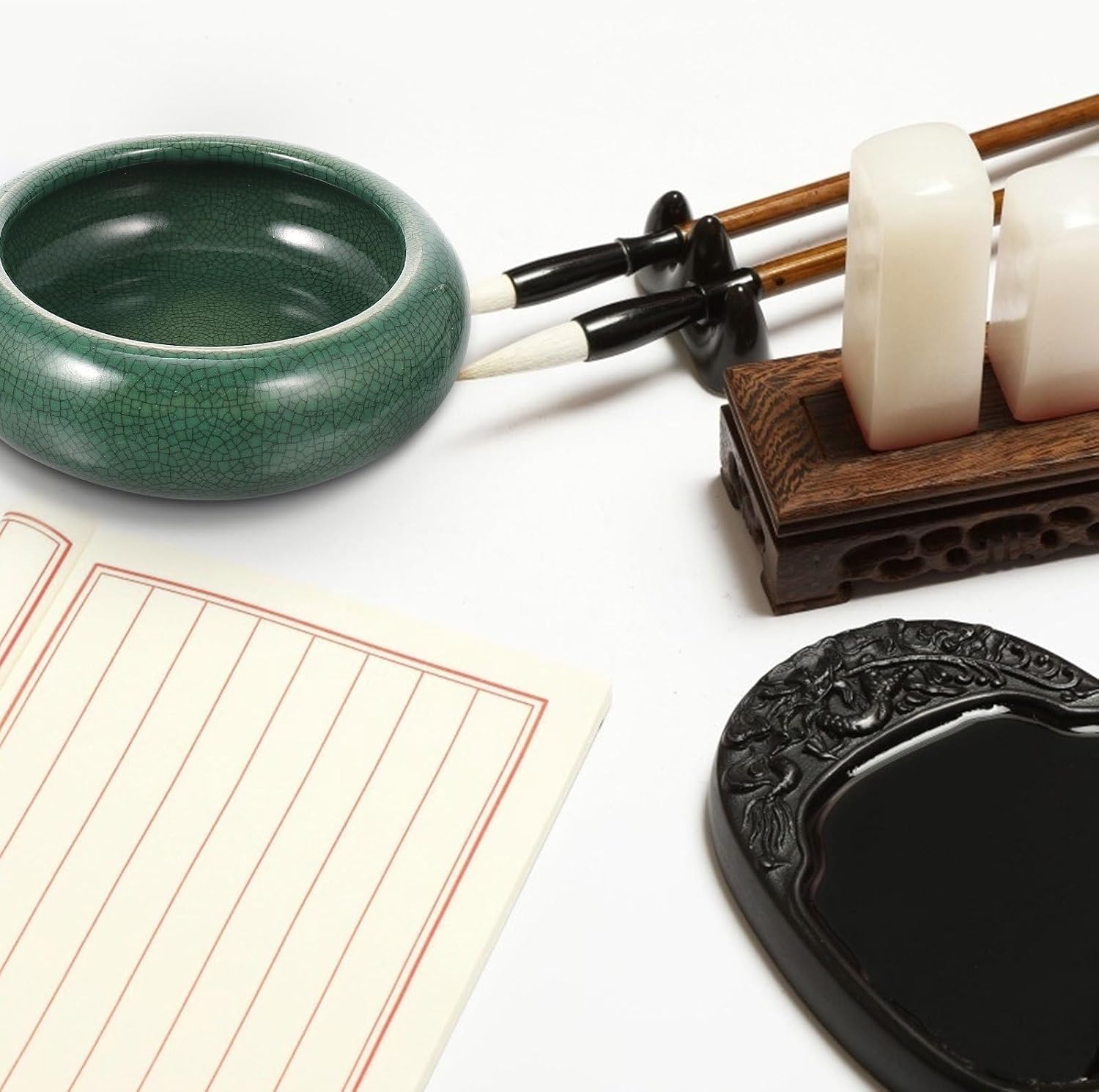 Ceramic Ink Brush Washer Small Green Crackle Glaze Calligraphy Pen Holder for Chinese Painting and Sumi Ink Brush Cleaning Stationery Tool
