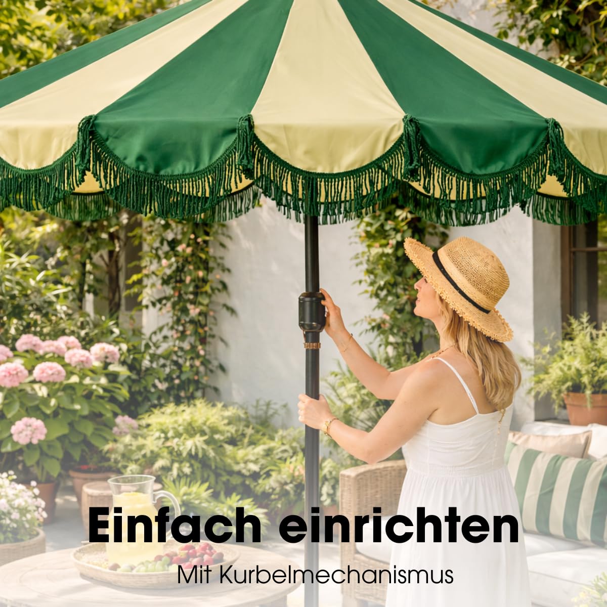 MICA Decoration Kim Gestreifter Sonnenschirm mit Tragetasche - Stockschirm 238 x Ø235 cm - Garten oder Balkon Sonnenschutz - Polyester, Stahl - Dunkelgrün