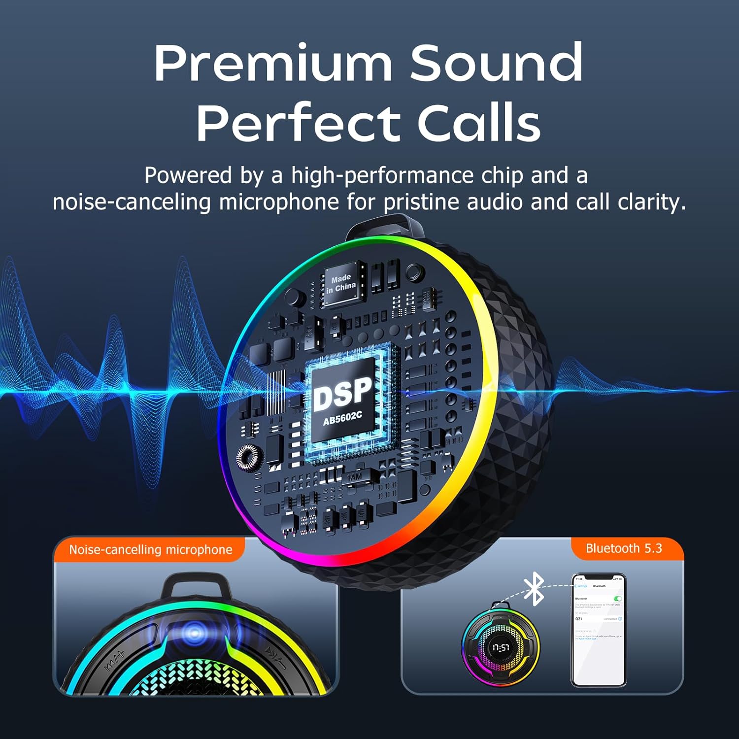 Kinglucky Shower Speaker, Upgraded 10W IPX7 Waterproof Bluetooth Speaker with Mic/LED Light, Portable Small Speaker with Magnetic Attraction/Hook/Lanyard,12H Playtime for Bathroom/Outdoor/Beach - Image 4