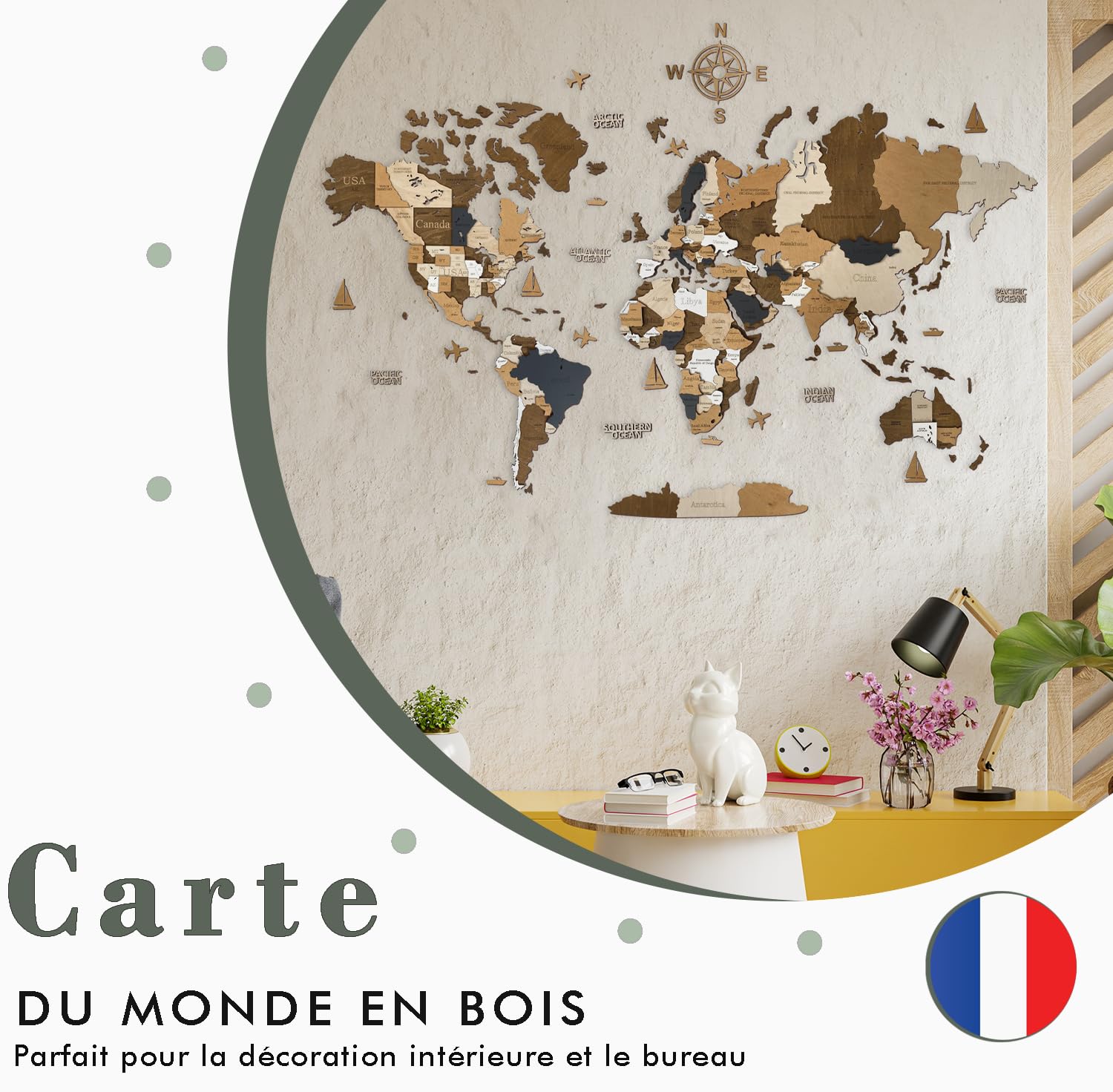 WoodLeo Carte du monde en bois (en français) - Décoration murale 3D - Taille de la carte (M, L, XL) - Art mural pour la maison, la cuisine ou le bureau