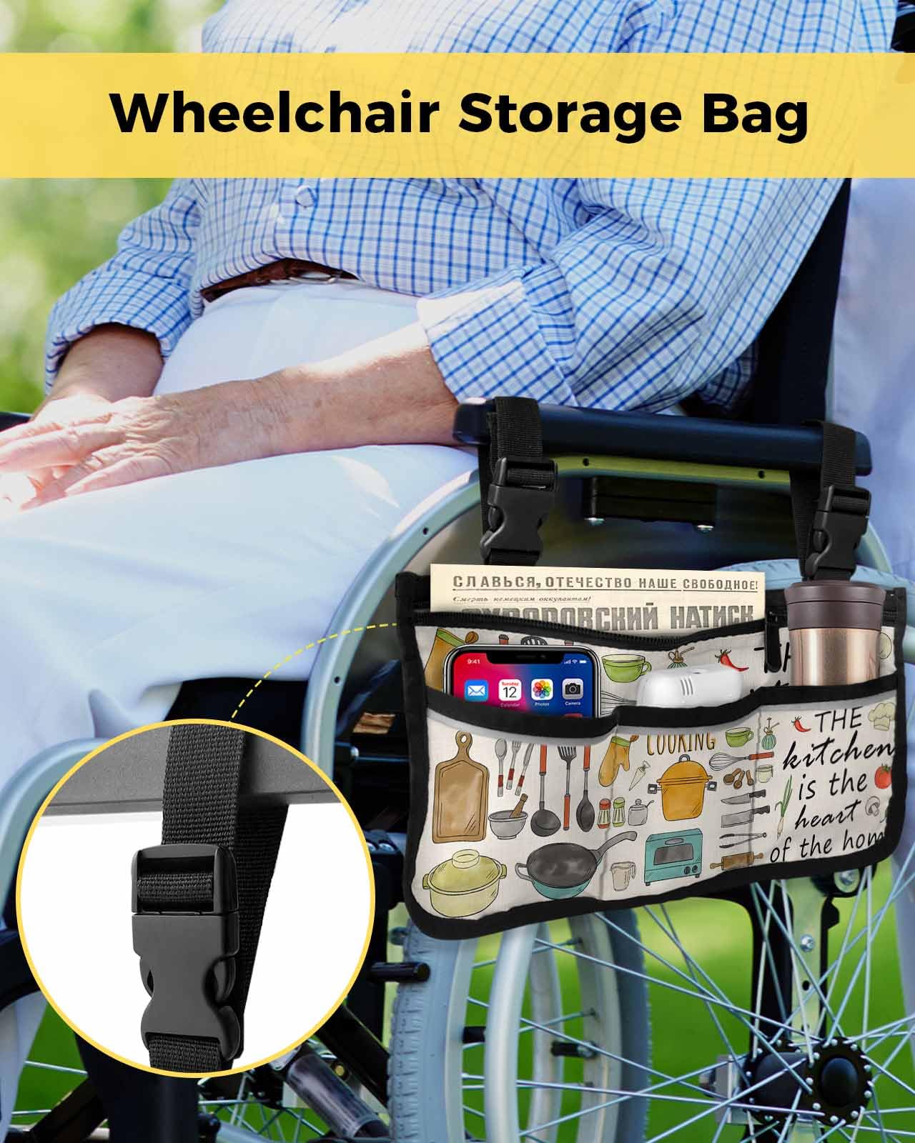 Simple Drawn Kitchen Cooker Wheelchair Side Bag Walker Bag, Vintage Cooking Wheelchair Accessories Armrest Pouch, Organizer Storage Bag for Walkers, Rollators, Scooters, 7.3''x13''