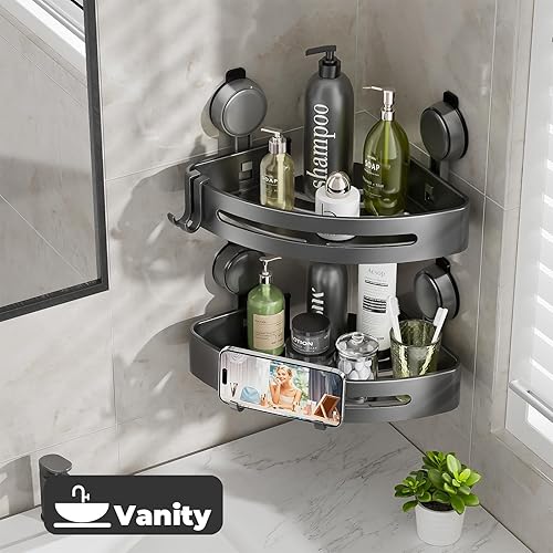 Miniatura 6 de Paquete de 2 estantes de ducha esquineros con ventosa, estantes de ducha con ganchos, sin perforaciones, potentes organizadores de baño y