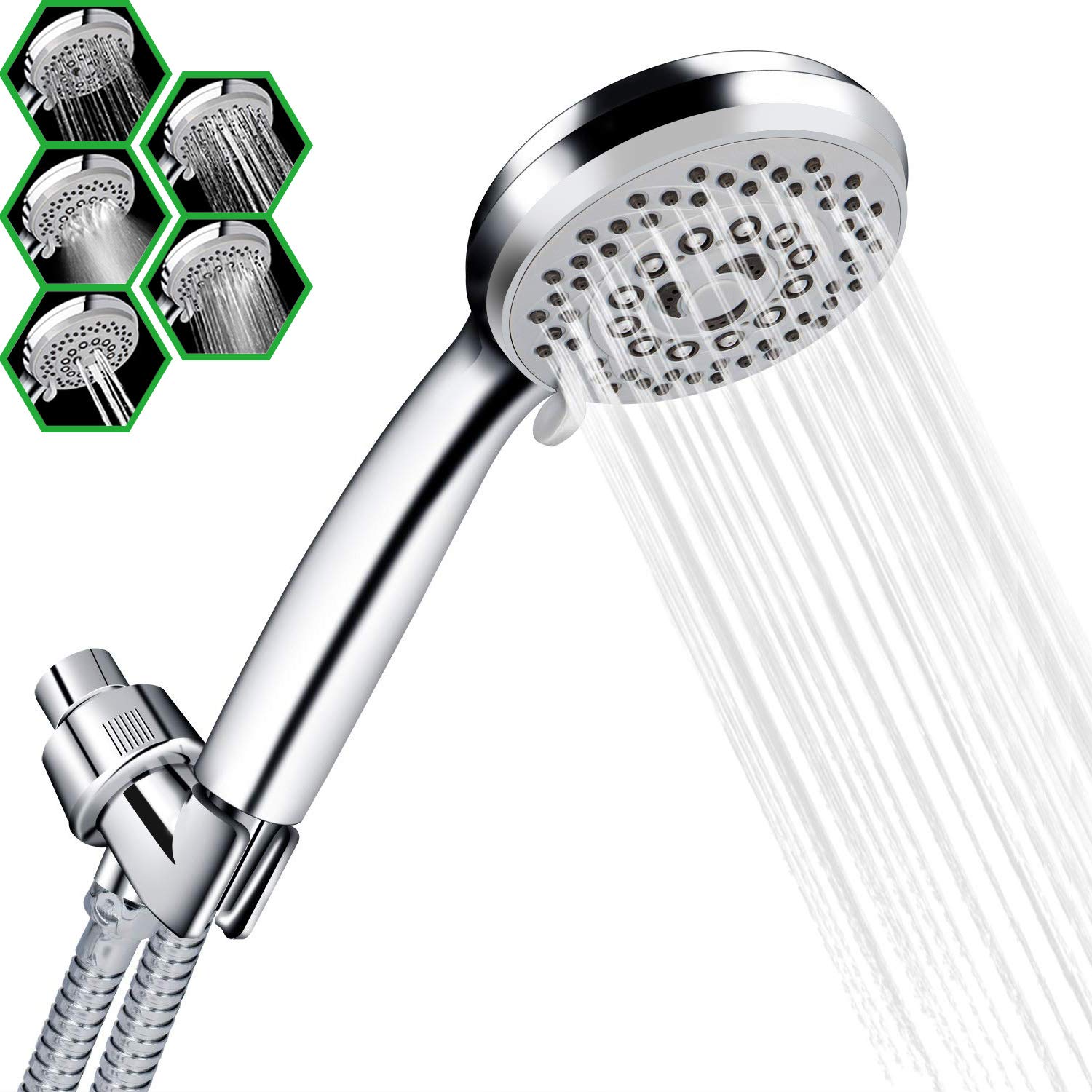 Handheld Shower Head With Hose 5 Spray Settings High Pressure Shower Head Massage Spa Detachable Hand Held Shower Head With 80" Stainless Hose Chrome Face Adjustable Bracket 4" Face Rain Shower Head