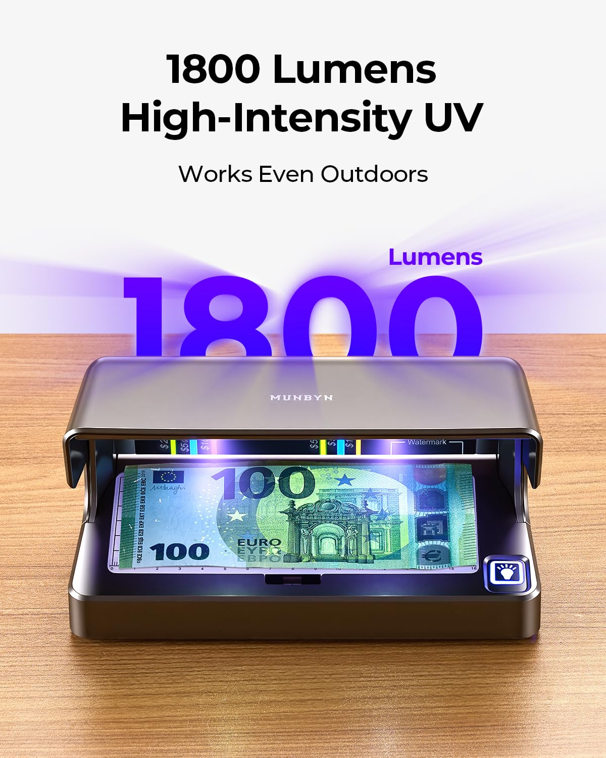 MUNBYN LED Detector de Billetes Falsos UV, Comprobador de Dinero Portátil con Luz UV y Blanca, Recargable, Auto On/Off, Multi Moneda para Efectivo, Tarjetas e ID, Retail y Pequeños Negocios
