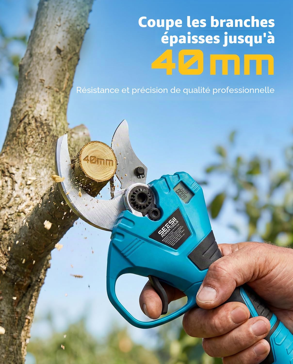 SEESII Sécateur Électrique 800W, Sécateur sans Fil avec 2 Batteries 4.0Ah, Diamètre de Coupe 40mm, Lames SK5, Sécateur à Batterie pour Jardin et Arboriculture