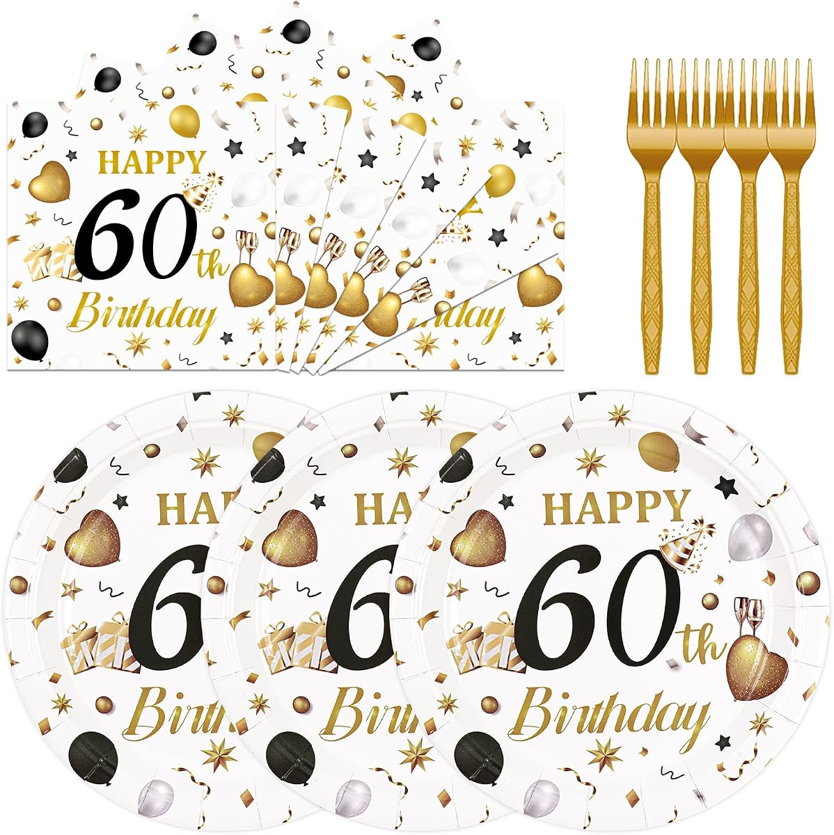 75PCS 60th Birthday Plates and Napkins Party Decorations, 7 Inch White and Gold Happy Birthday Paper Dessert Cake Plates and Napkins Disposable Tableware Set Party Favors for Women Men