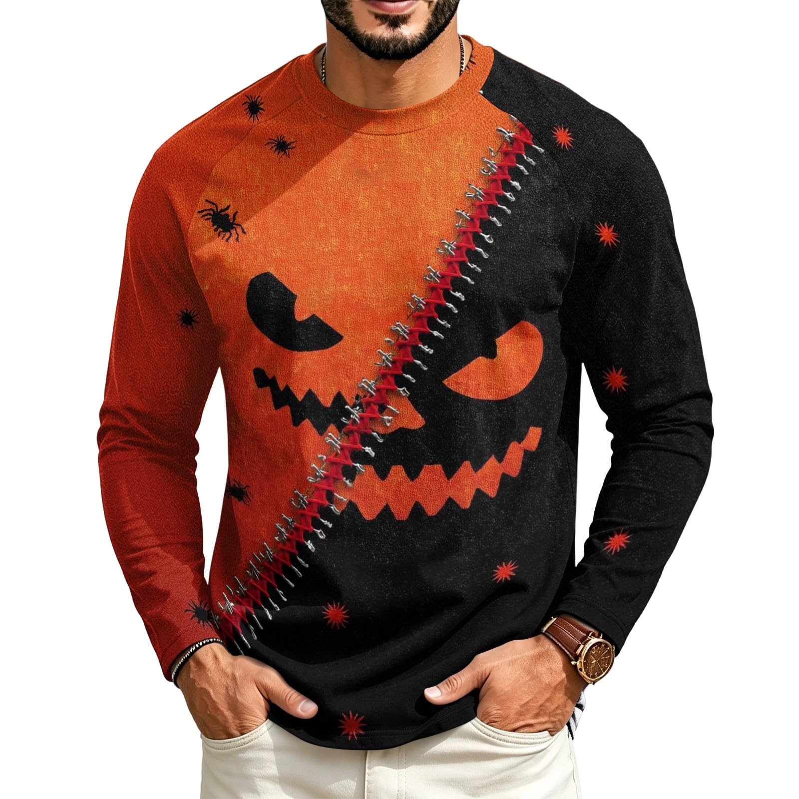 Halloween Crew Neck Shirts Costumes for Men Long Sleeve,02-Saffron XXL — image 1