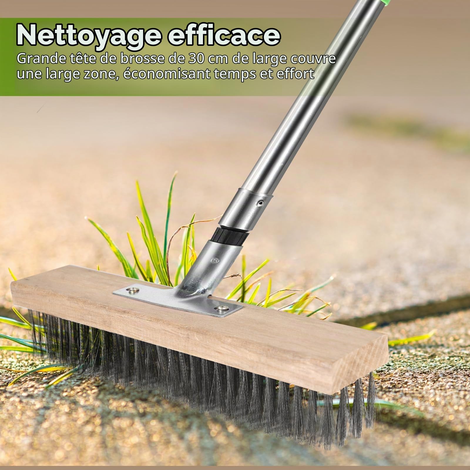 2pcs Balai métallique 30cm Brosse à balai métallique portable Balai métallique en acier avec 1 jeu manche (1,6 m) Balai exterieur pour enlever mousse du jardin, mauvaises herbes,taches tenaces