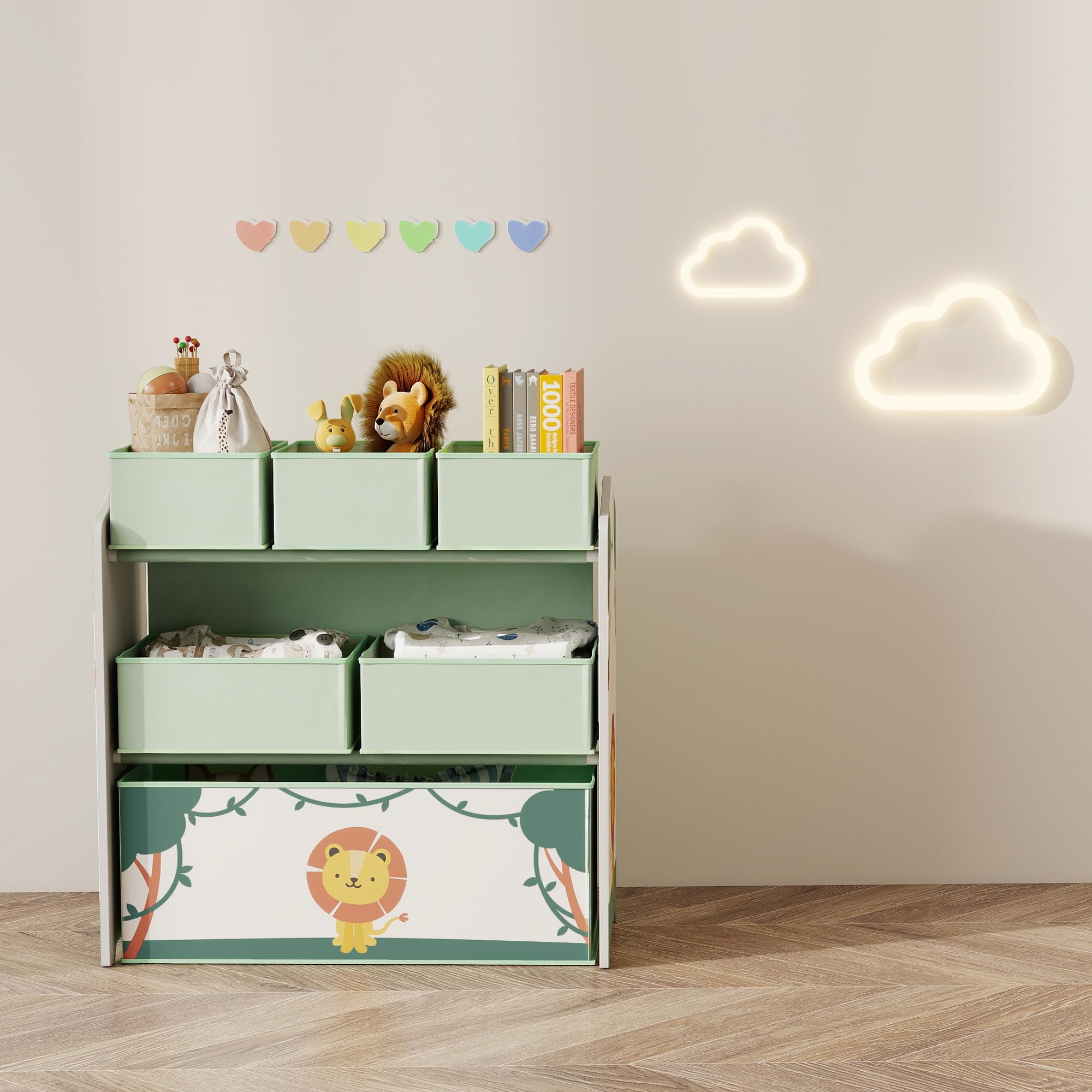 AIYAPLAY Mobile portaoggetti per bambini a 3 livelli, scaffale portaoggetti per giocattoli per bambini con 6 scatole in tessuto rimovibili, per cameretta dei bambini, sala giochi, asilo nido, verde