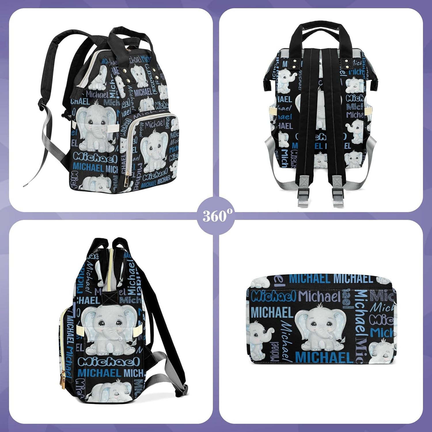 Cute Elephant Custom Baby Boy Diaper Bag Backpack - Multi-Function Personalized Name Nappy Backpack for Newborn Infant with Thermal Pockets, Mom Customized Nursing Bag Travel Daypack