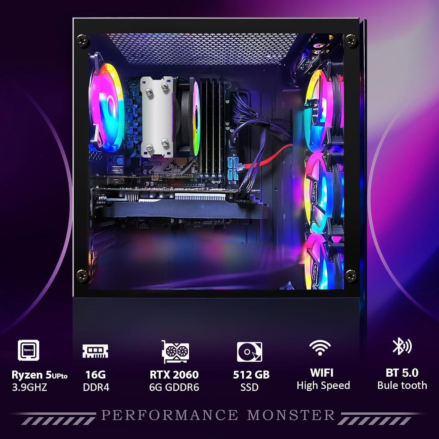 STGAubron Computer desktop per PC da gioco, GeForce RTX 2060 6G, AMD Ryzen 5 2600 fino a 3,9 G, 16G DDR4, 512G SSD, 600M WiFi, BT 5.0, ventola RGB x6, Windows 11 Home